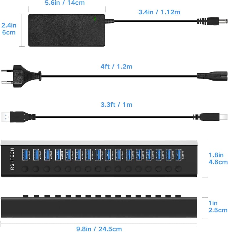 RSHTECH 16 portos USB 3.0 hub aktív tápellátással, alumínium, 100W, professzionális