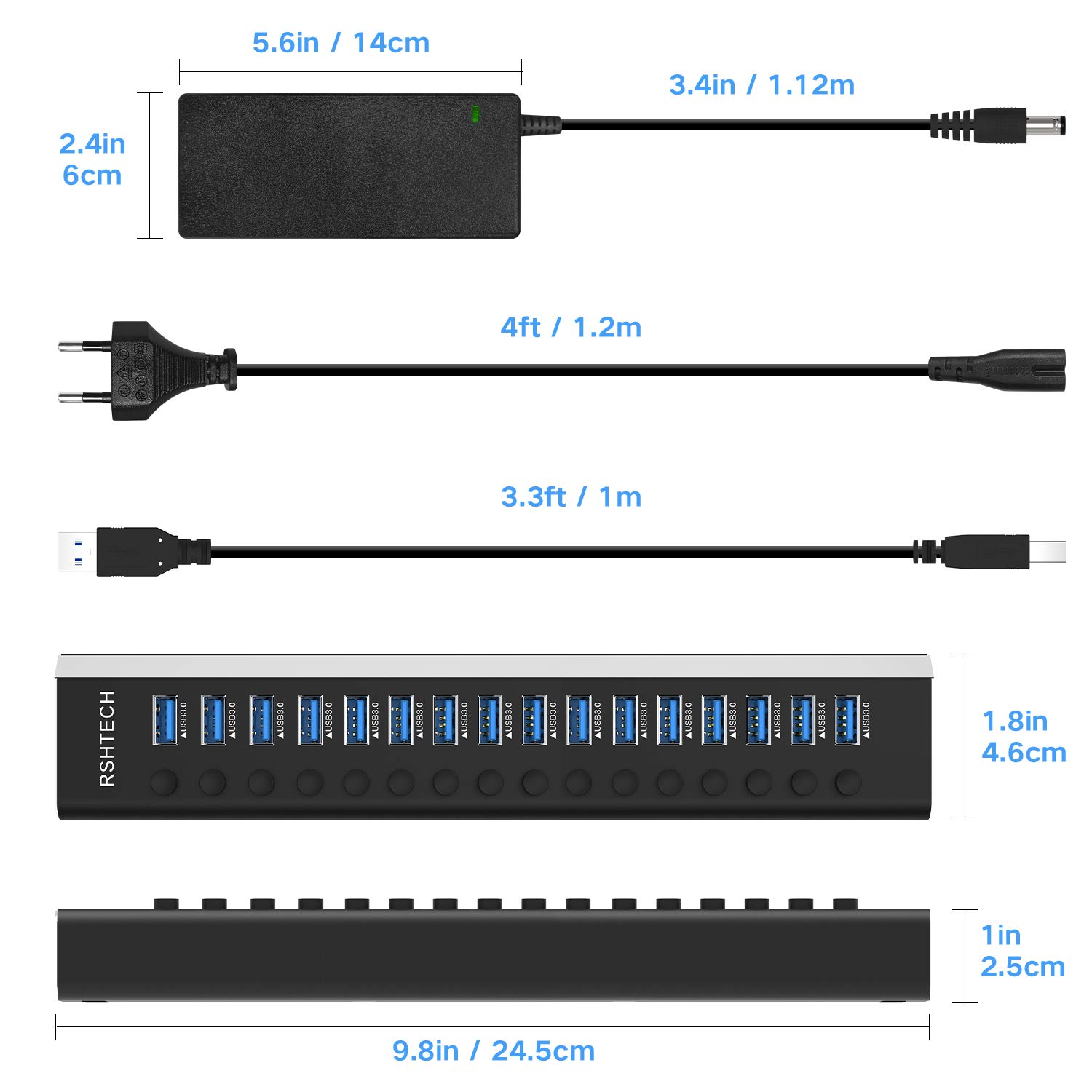 RSHTECH Aluminium16 Port USB Hub Aktiv 3.0 mit 100W Netzteil, RSH-A16 | USB 3.0 Hub mit Schalter - für PC, Mobile HDD, Flash-Laufwerk, Professionelle Business Grade - Stabile Datenübertragung