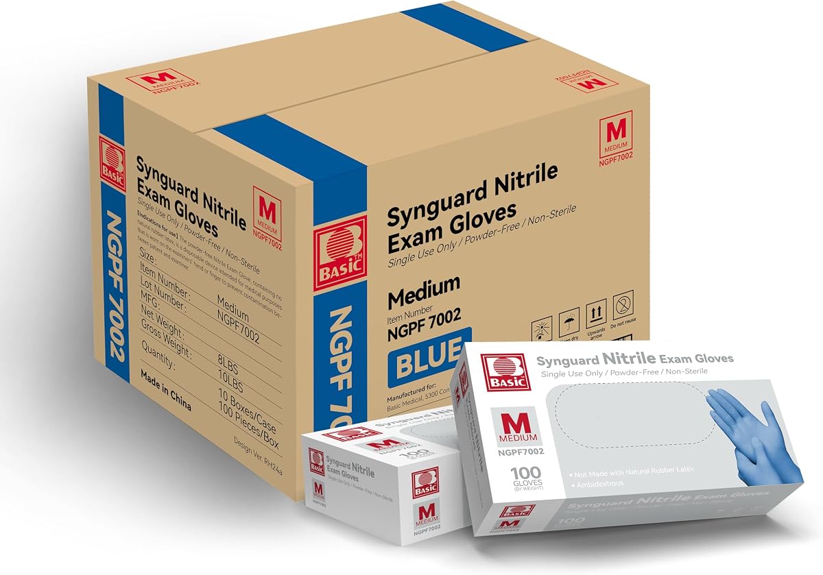 Basic Medical Blue Nitrile Exam Gloves - Latex-Free & Powder-Free - NGPF 7002 (Case of 1,000), Medium