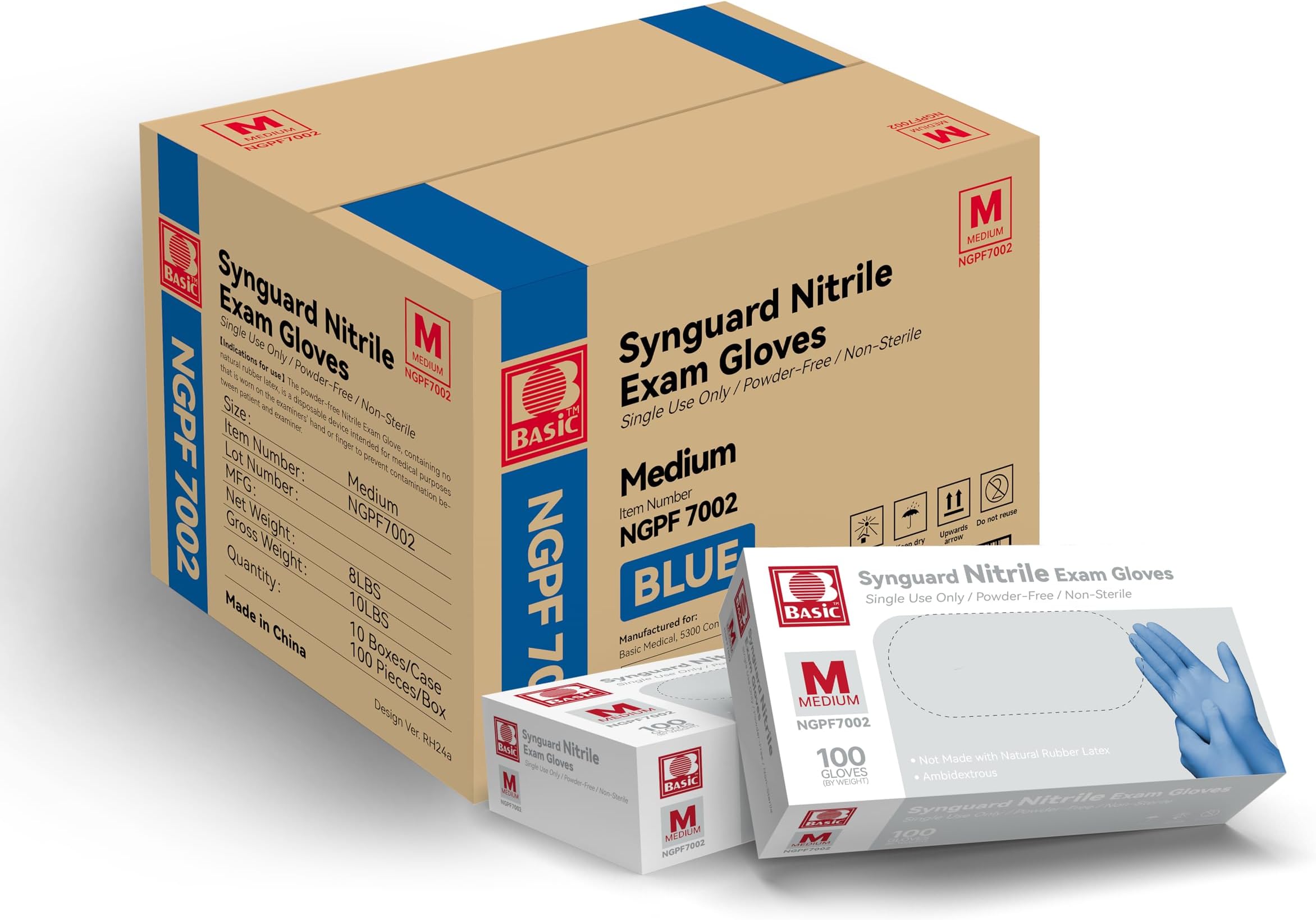 Basic Medical Blue Nitrile Exam Gloves - Latex-Free & Powder-Free - NGPF 7002 (Case of 1,000), Medium