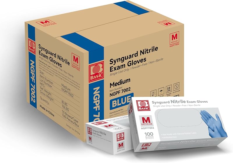 Basic Medical Blue Nitrile Exam Gloves - Latex-Free & Powder-Free - NGPF 7002 (Case of 1,000), Medium