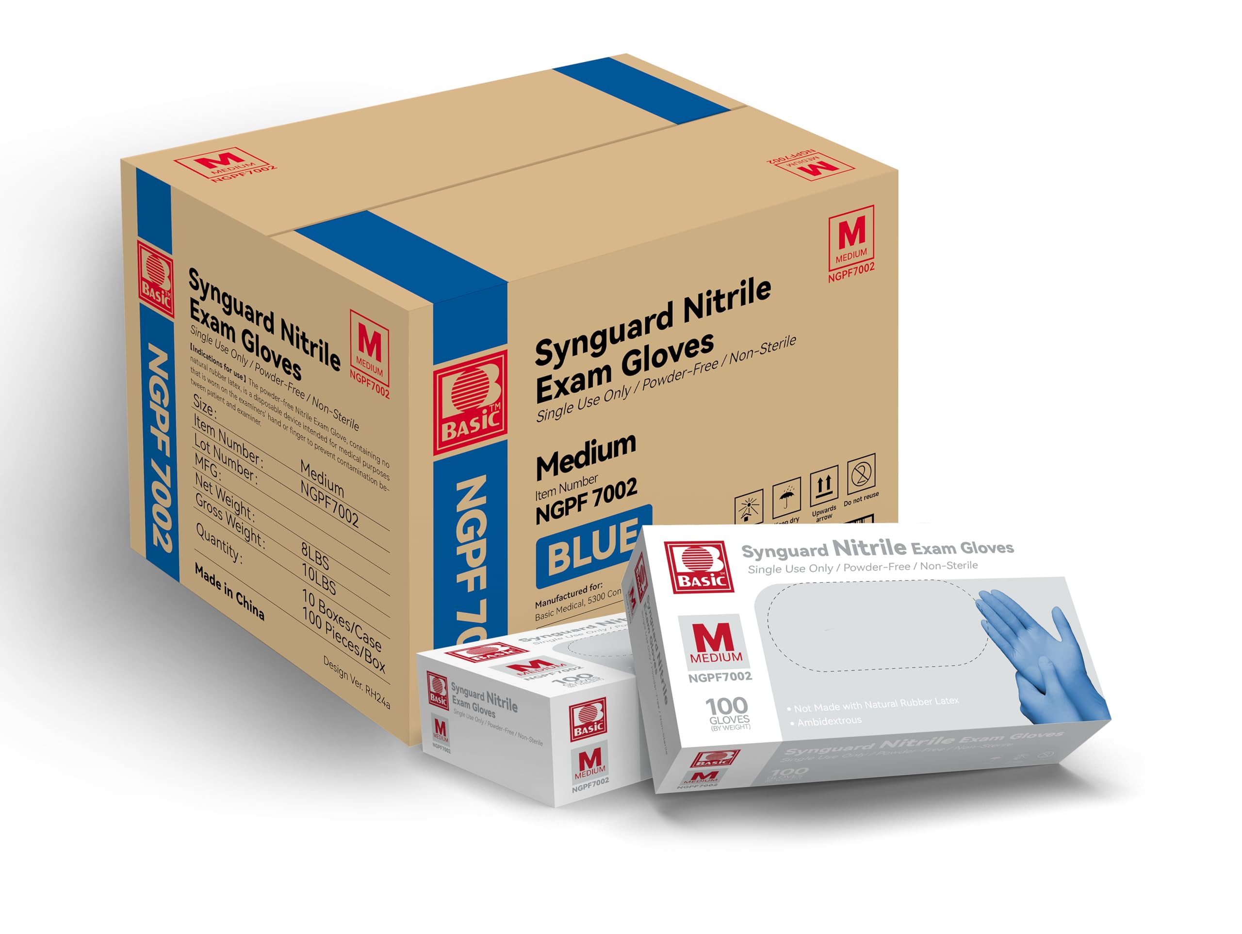 Basic Medical Blue Nitrile Exam Gloves - Latex-Free & Powder-Free - NGPF 7002 (Case of 1,000), Medium