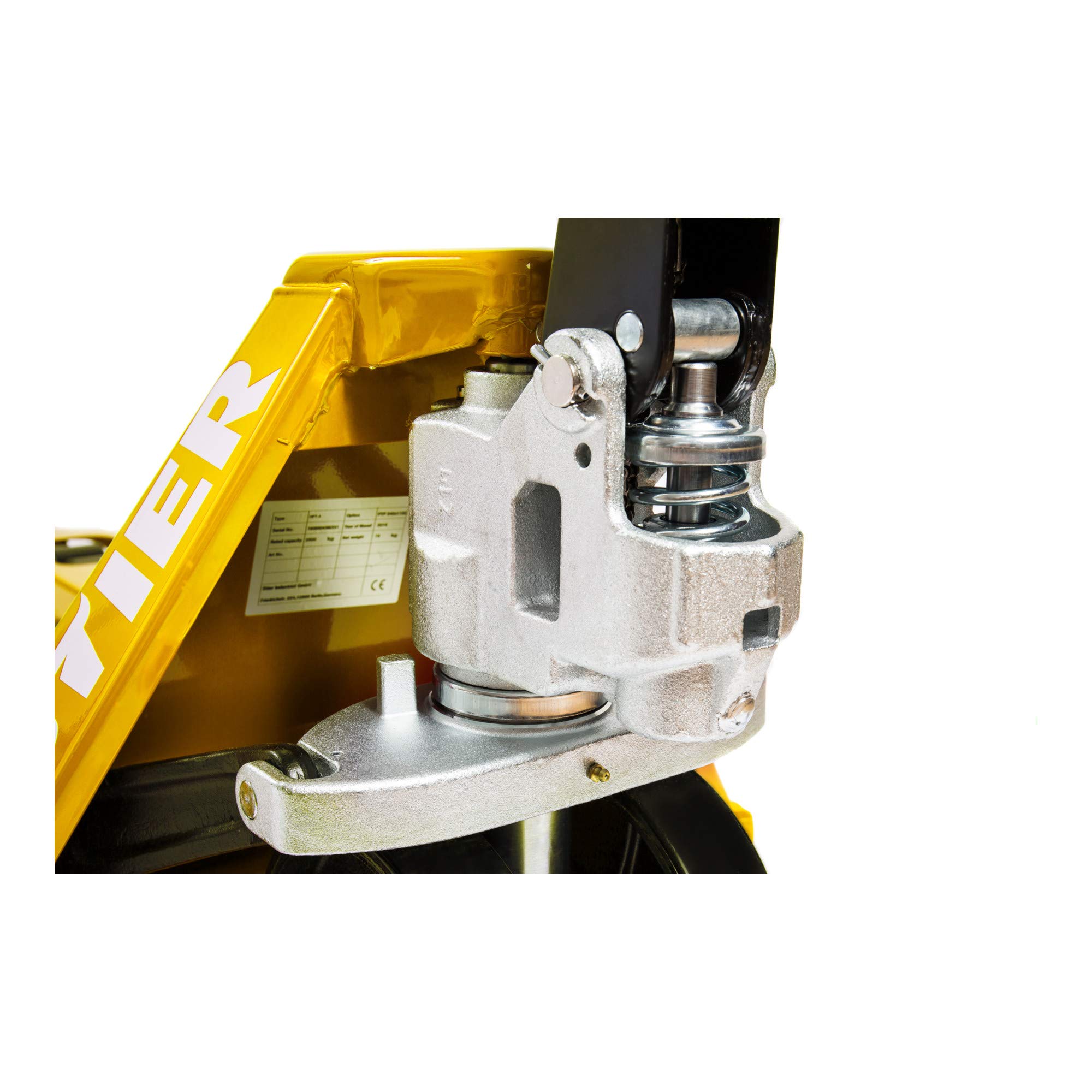 STIER Hubwagen, Gabelhubwagen mit Tragkraft 2500 kg, Gabellänge 1150 mm, vormontiert und direkt startklart, Nylon-Rollen, Gelb, Palettenhubwagen, Handhubwagen, Lenkeinschlag 210°