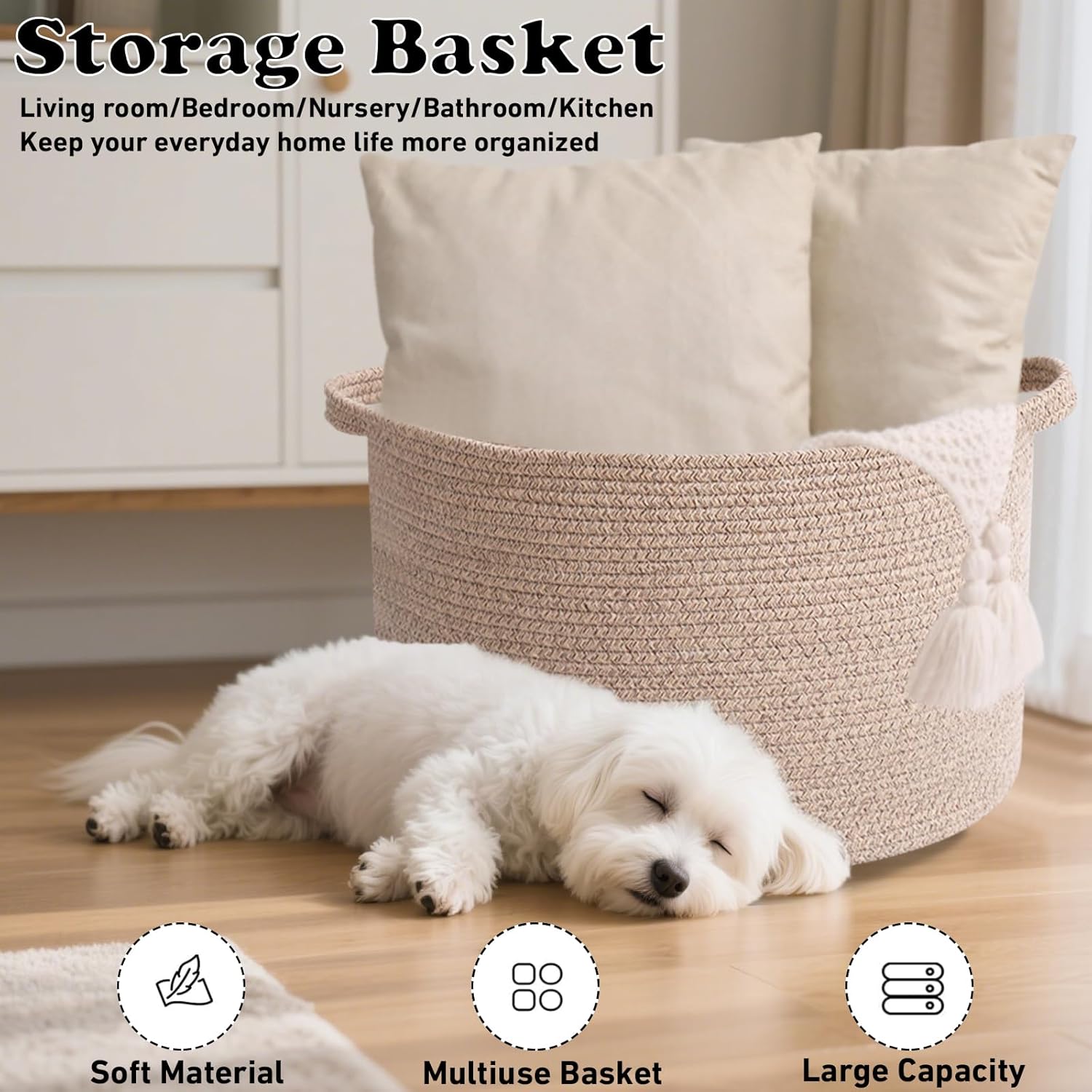 65L Extra Large Woven Cotton Rope Blanket Basket with Handles, Laundry Hamper Storage Bin for Pillows, Comforters,Clothes, Toys, Nursery, Bedroom and Living Room Organization,Brown
