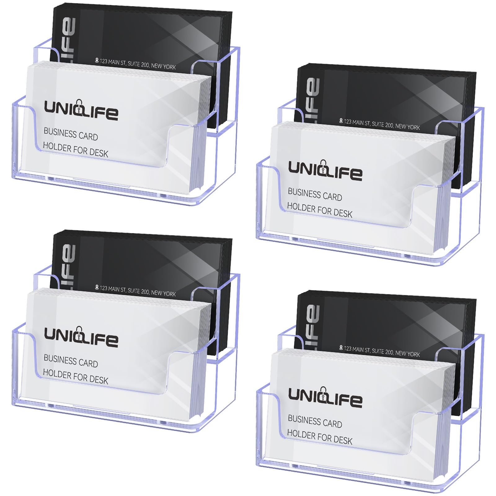 Uniclife 4 Pack Acrylic Business Card Holder for Desk 2 Slots Clear Business Card Display Stand for Men & Women Desktop Business Card Organizer Card Stand for Office Home Exhibition, 120 Card Capacity