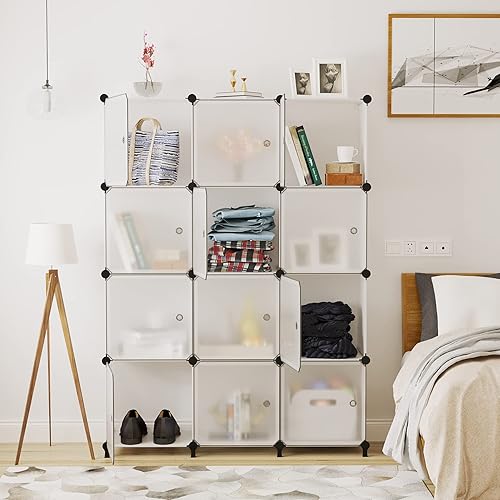 Miniatura 2 de AWTATOS Organizador de almacenamiento de 12 cubos con puertas, estante de armario de plástico DIY, estantería modular, estante apilable para
