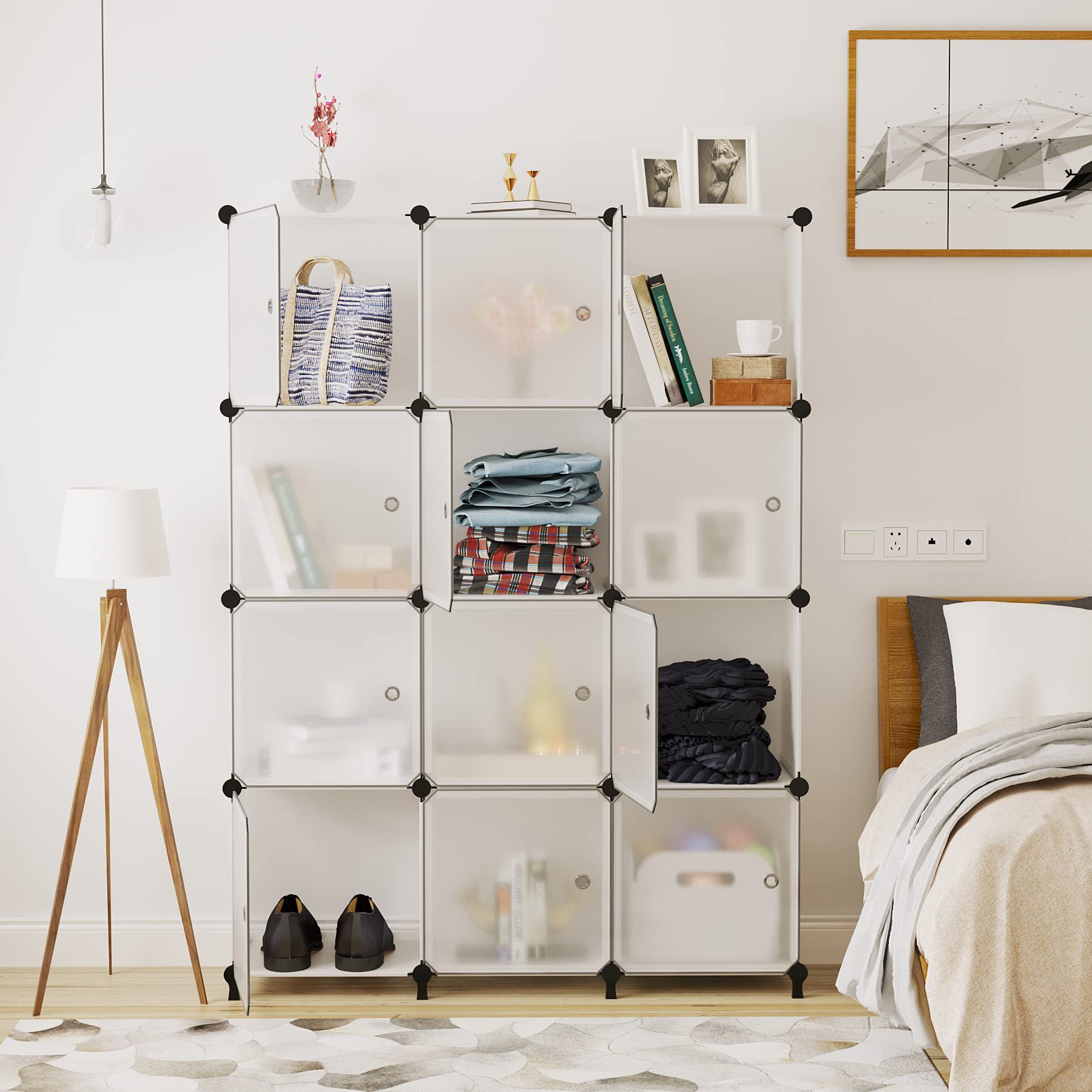 AWTATOS 12 cubi portaoggetti con porte, ripiano portaoggetti in plastica fai da te, libreria modulare, scaffale impilabile per camera da letto, casa, soggiorno, traslucido ULPZ011