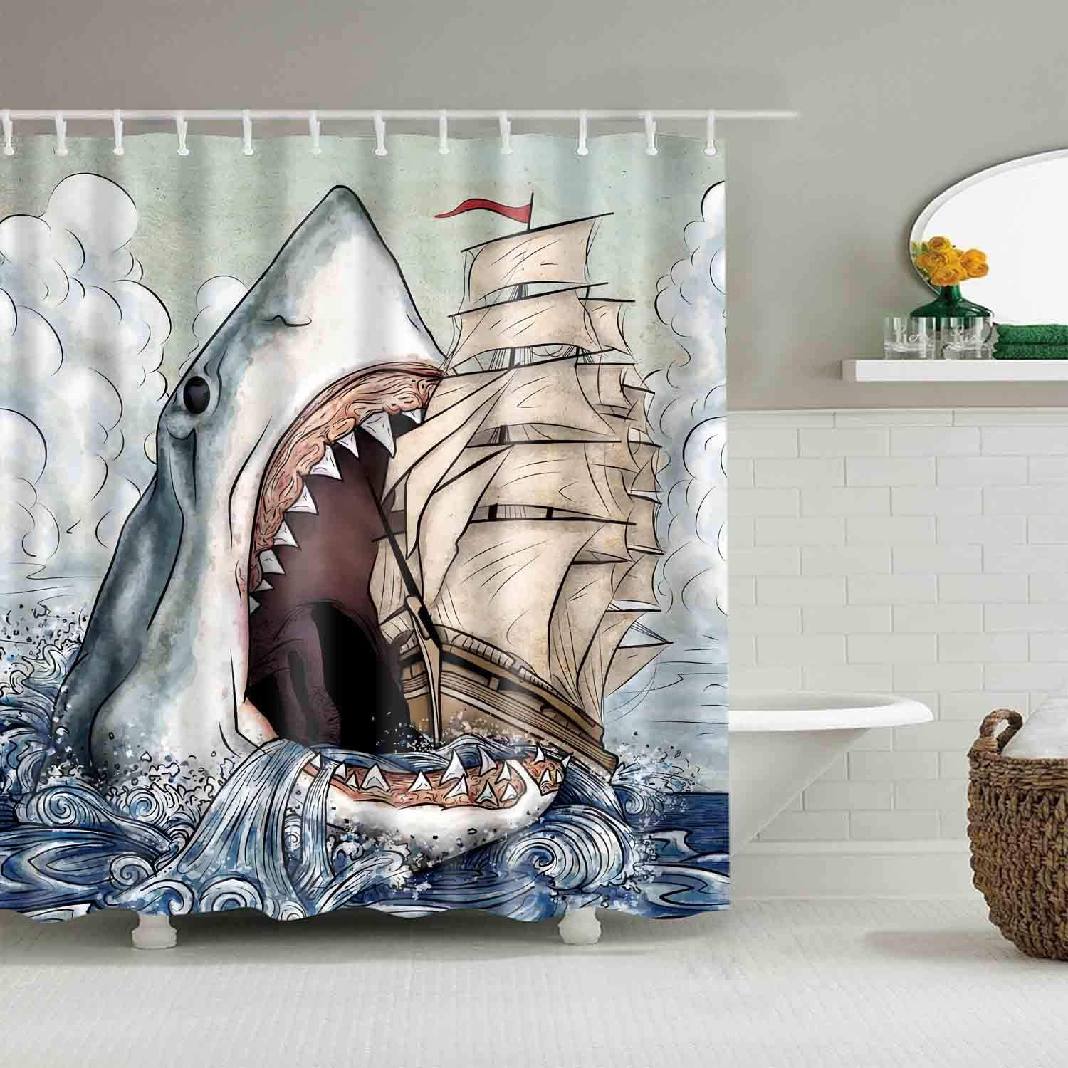OceanThemed Shark Whale Shower Curtain Waterproof Bathroom
