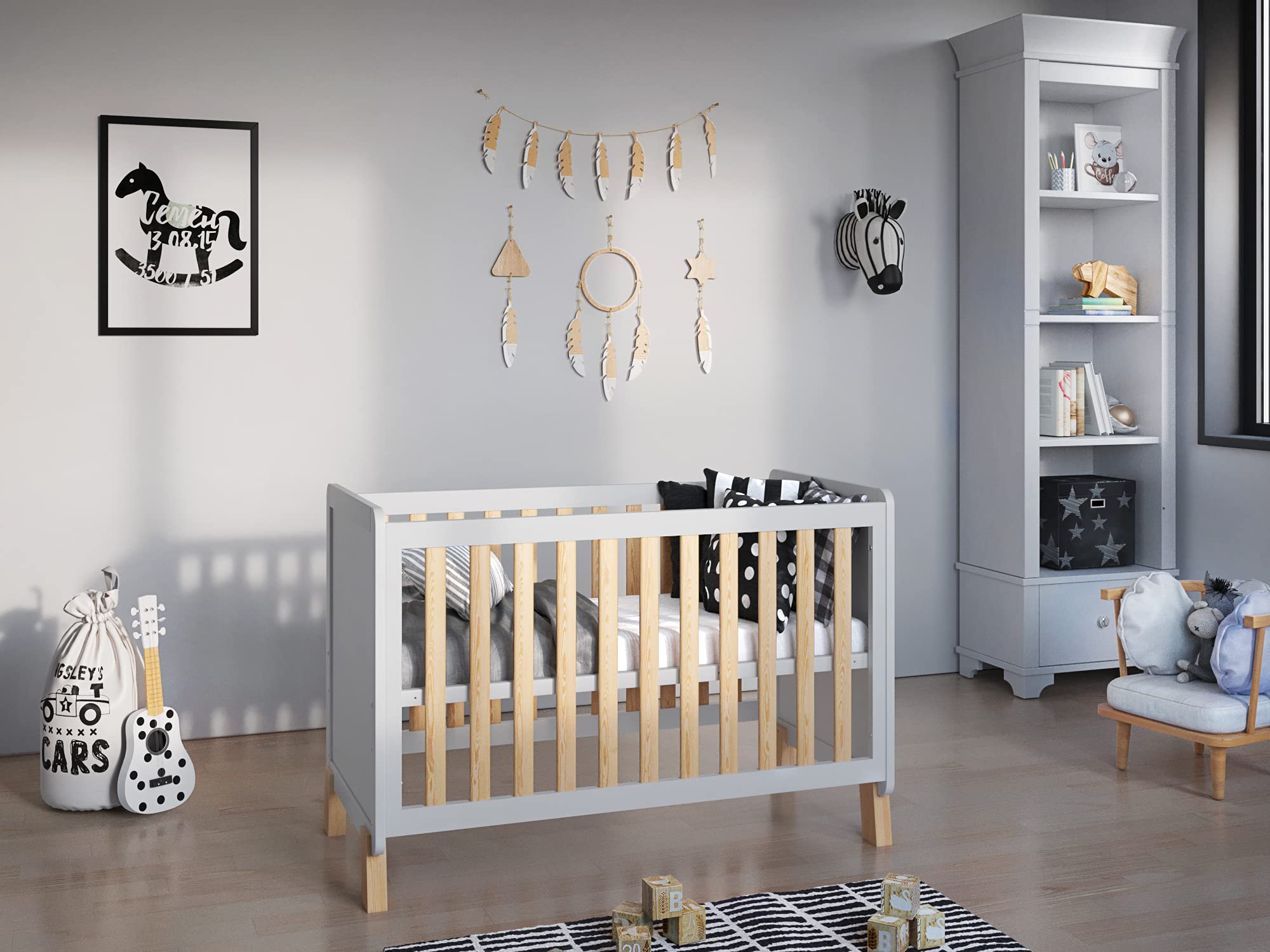 Love For Sleep FRANCIS Lettino Culla Neonato 120x60 cm in Legno di Pino Grigio con Materasso e Barriera di Sicurezza – Lettino Trasformabile per Bambino 0-3 Anni