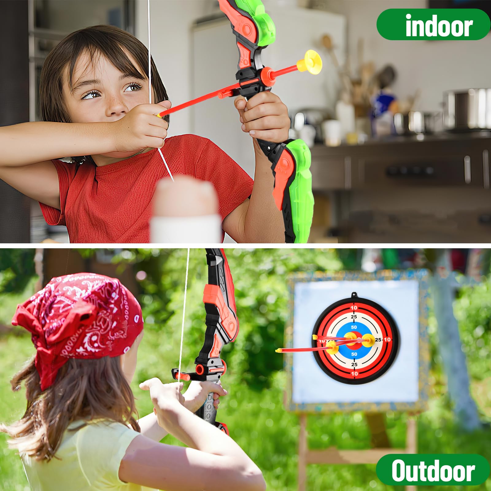 Doloowee Arco e Freccia per Bambini Giocattoli con Luce LED Set Tiro con L'Arco 8 Frecce a Ventose Bersaglio Faretra Spalla