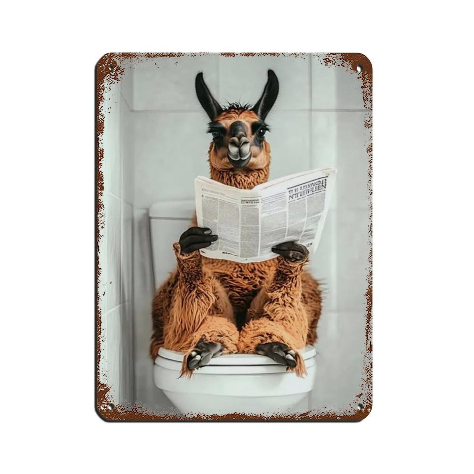 Llama Sitting on Toilet Reading Newspaper Tin Sign Vintage Metal Pub Club Cafe Bar Home Wall Art Decoration Poster Retro 12x16inch(30x40cm)