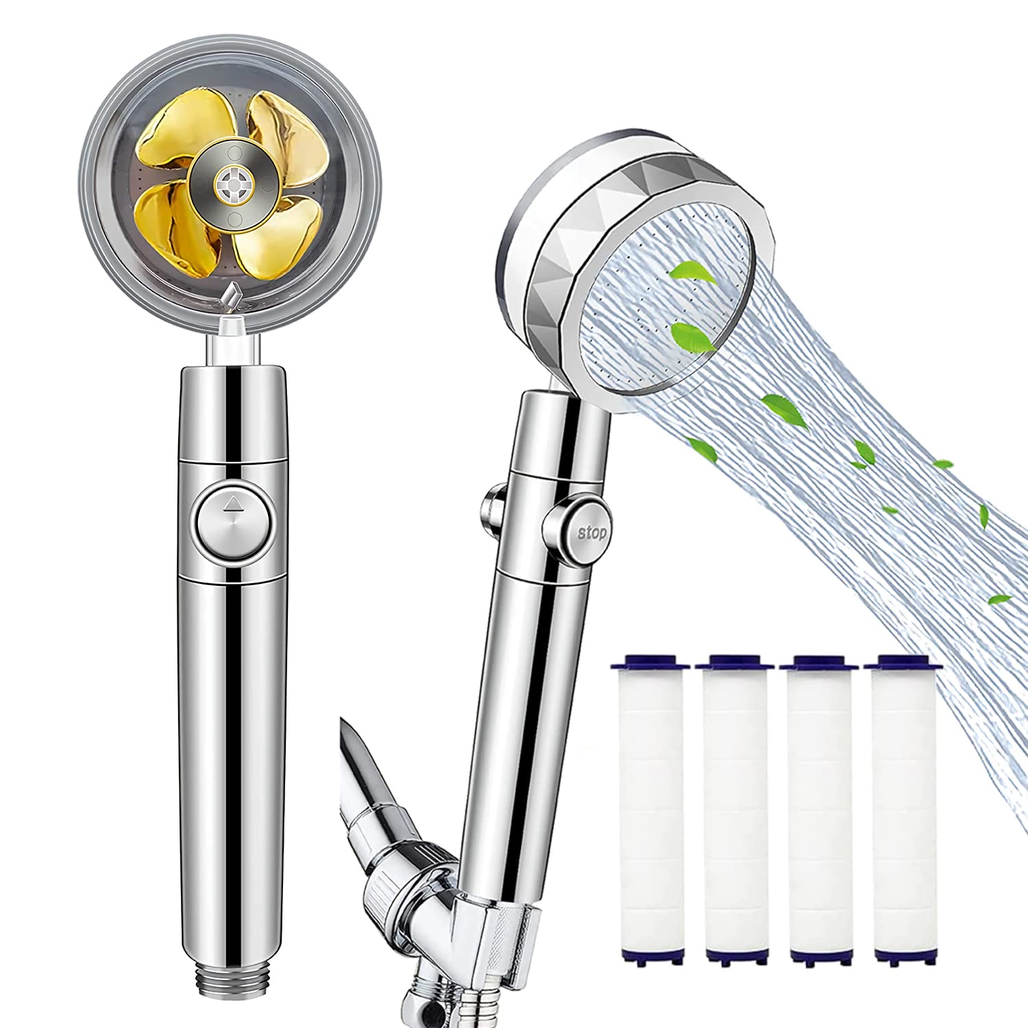 High Pressure Handheld Shower Head,Turbo Shower Head with Filter and Adjustment Button,Vortex 360 Pro Shower Head with Rotary Fan,Detachable Hyrdo Jet Propeller Shower Head(Golden,4 Filters)