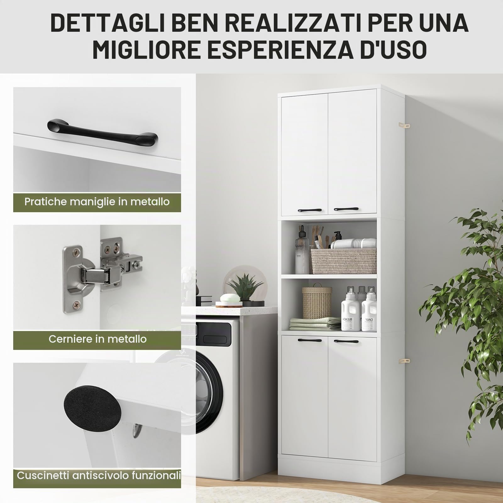 GIANTEX Credenza da Cucina Alta 190 cm con 4 Ante, 2 Scomparti Aperti e 6 Ripiani, 4 Kit Antiribaltamento, Armadio Portaoggetti per Cucina e Bagno