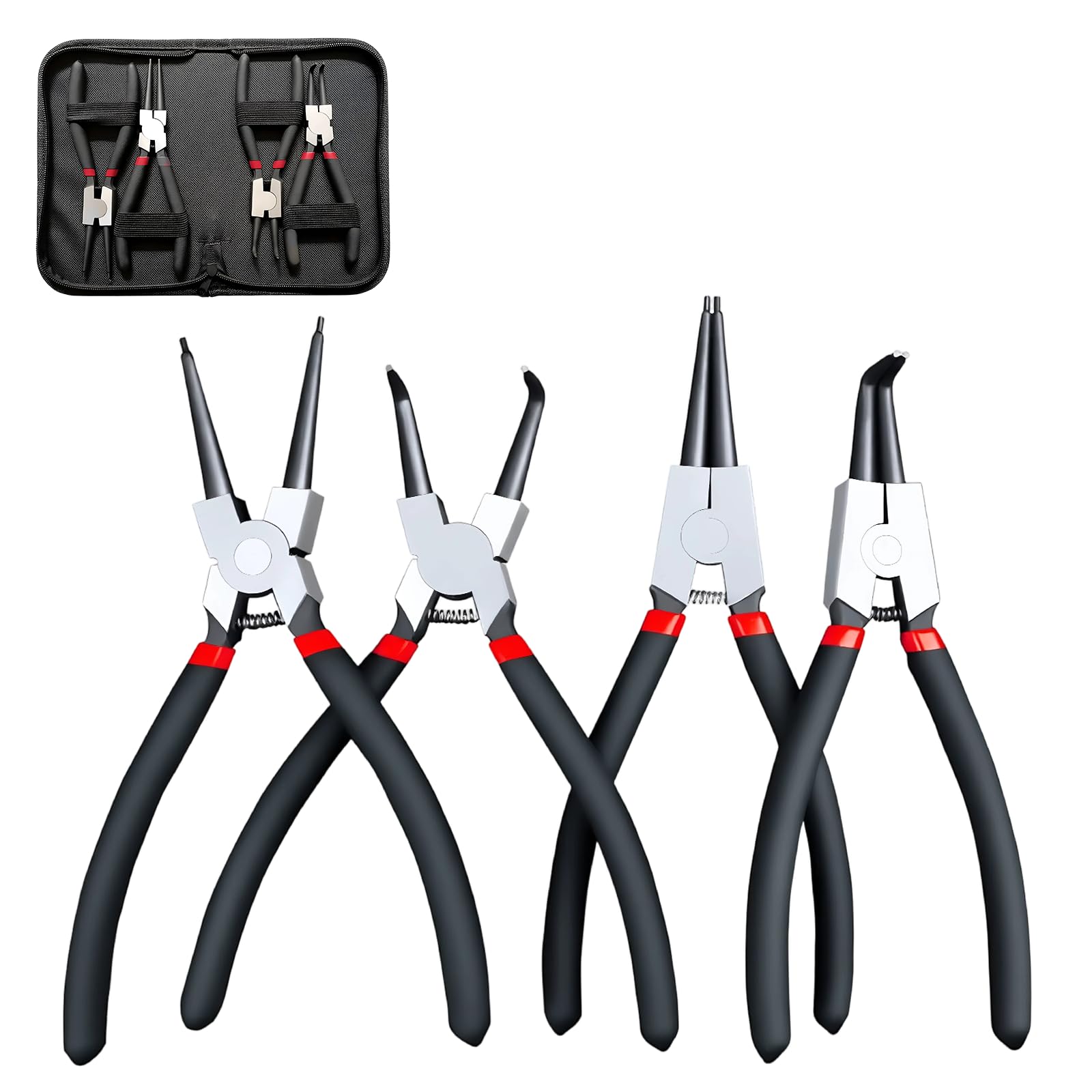 4 Teiliges Sprengringzange Innen und Außen Sprengring Set mit Aufbewahrungstasche Sprengringzangen Set für Mechanik, Reparatur, Montage, Stahlzangen mit Rutschfestem Griff 170mm Schwarz