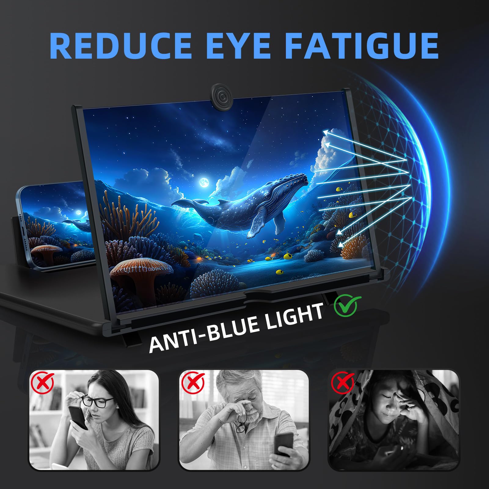 Loupe d'écran pour téléphone portable 16 ", lentille HD Fresnel, pliable et portable, avec support, filtre de lumière bleue pour la protection des yeux, idéale pour les films, les vidéos et les jeux