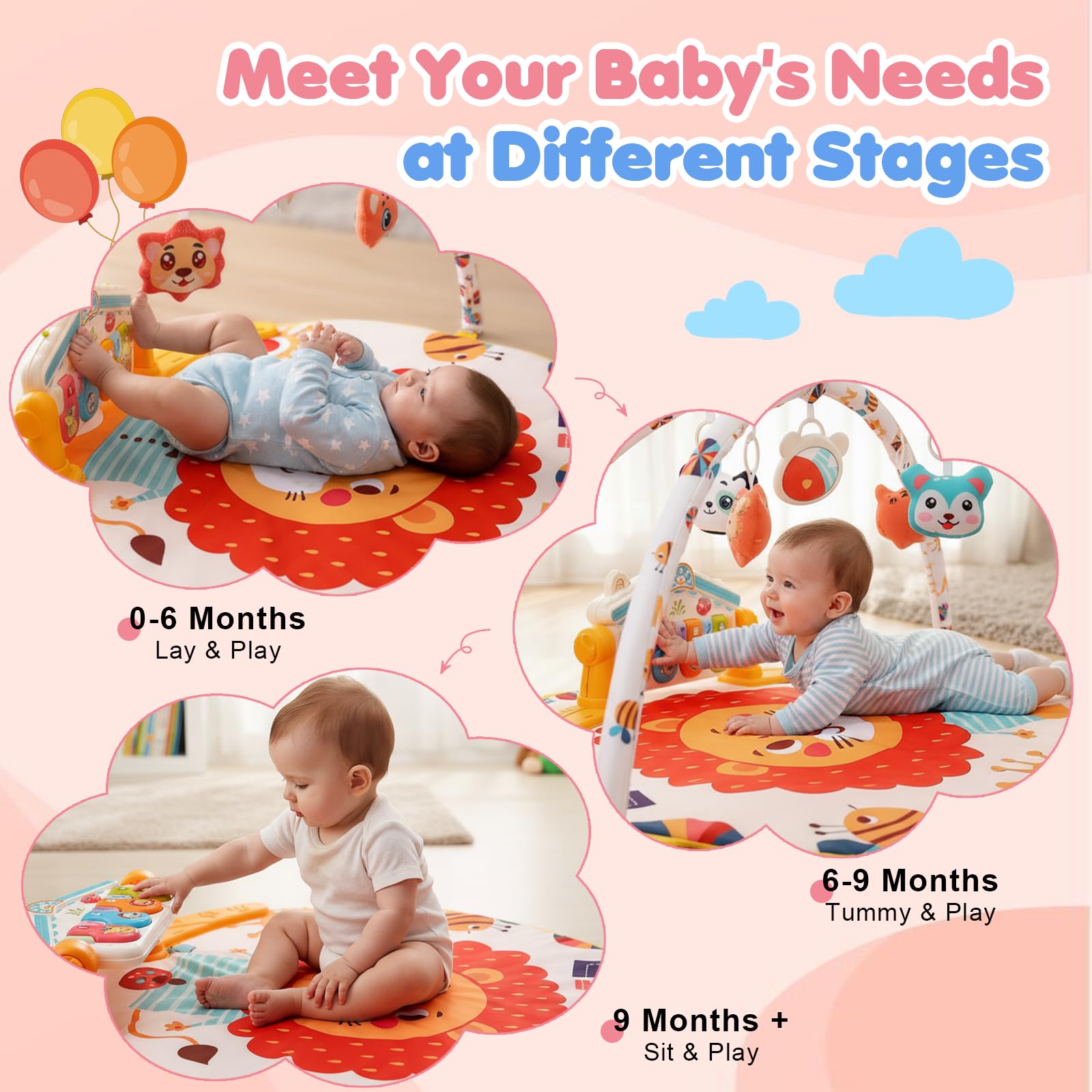 Spieldecke Baby Gym, 6 in 1 Spielbogen 0-12 Monate mit Musik Klaviermatte, 4 Hänge-Spielzeug, Licht & Töne, 400+ Geräuschen, Aktivitätsmatte mit Abnehmbarem Babyspielzeug für Neugeborene