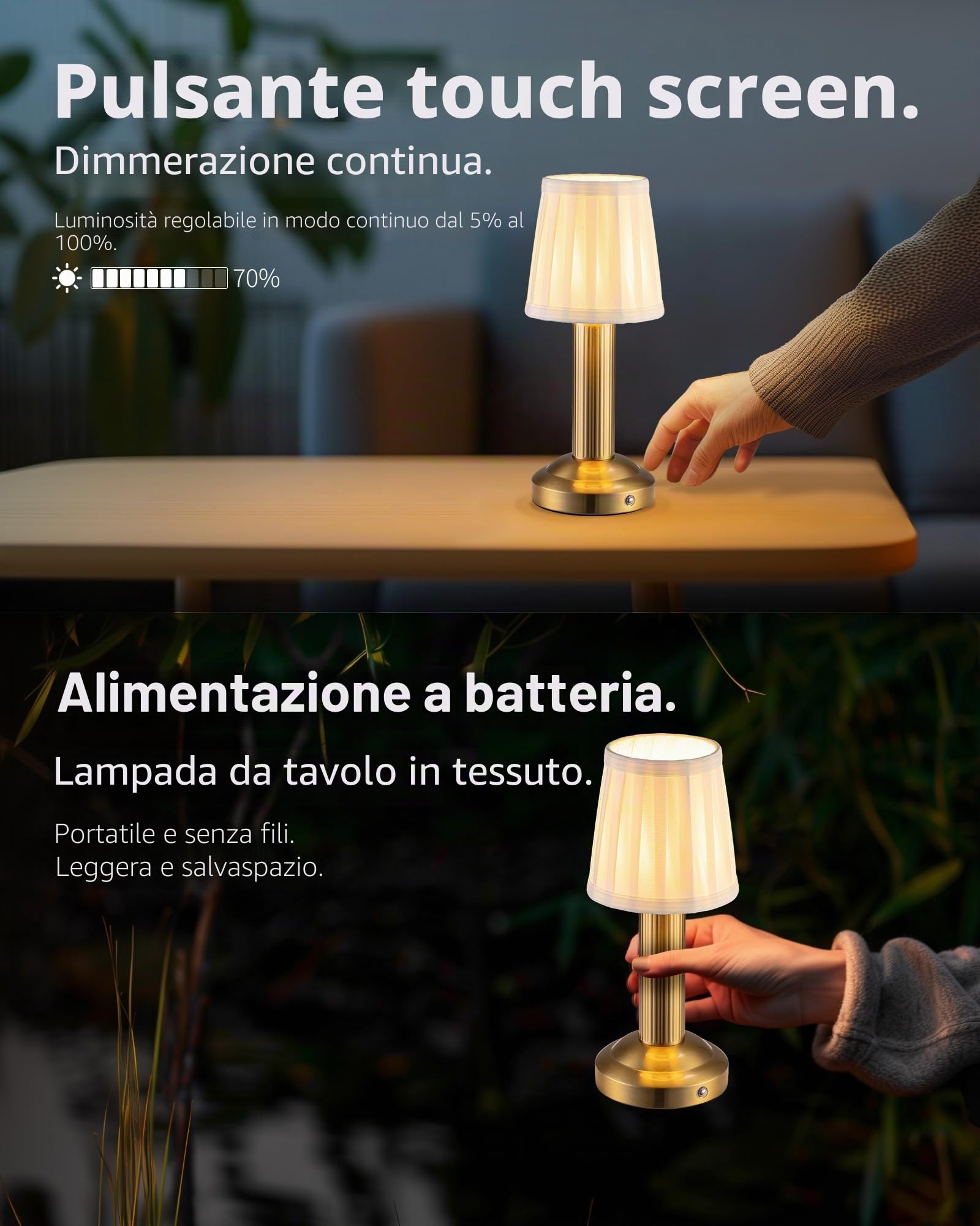 2 lampade da tavolo a LED senza fili, con batteria da 4000 mAh, dimmerabili, vintage, con paralume in tessuto, lampada touch per camera da letto, bar, ristorante (oro).
