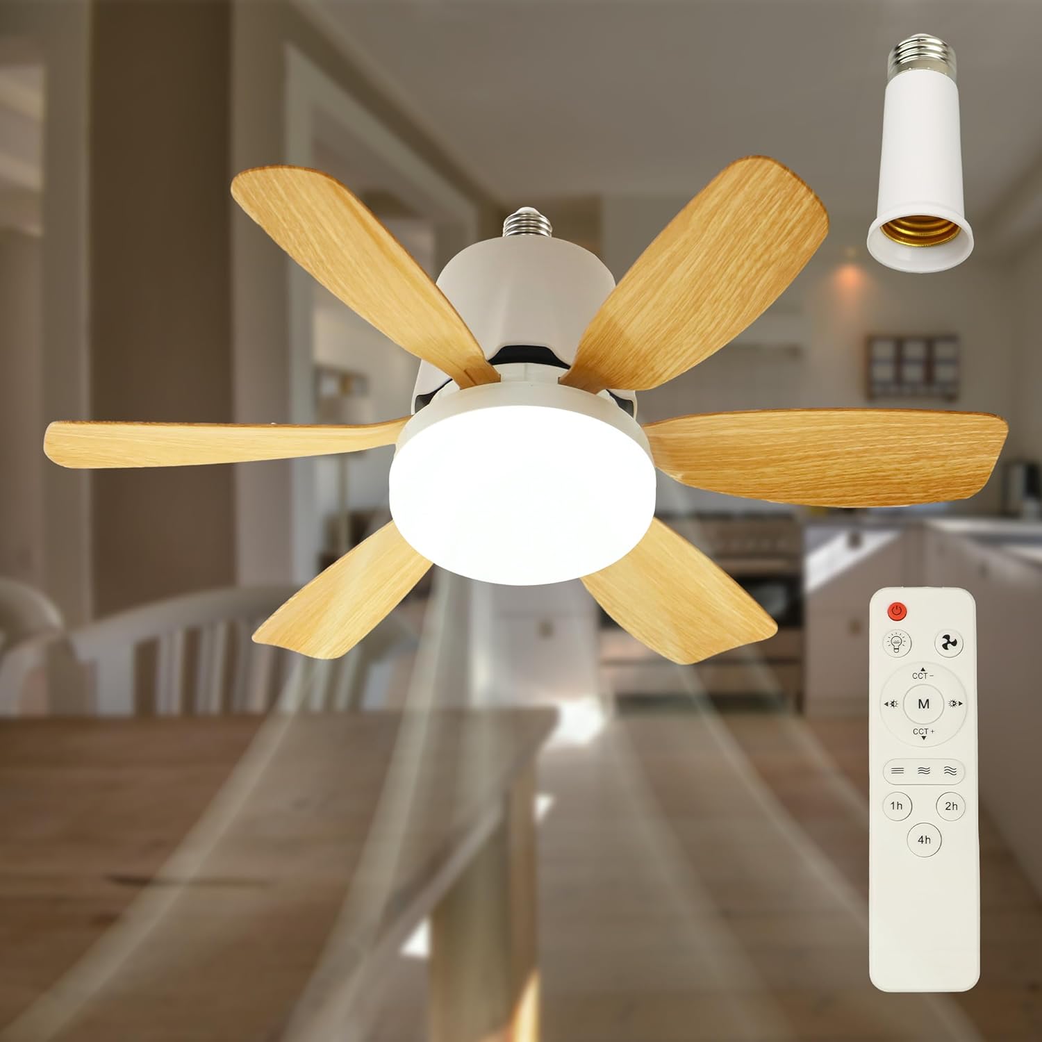 Screw in Ceiling Fan Light Bulb, Socket Fan Light with Remote 20" 3000-6000k 40W White and Wood Grain