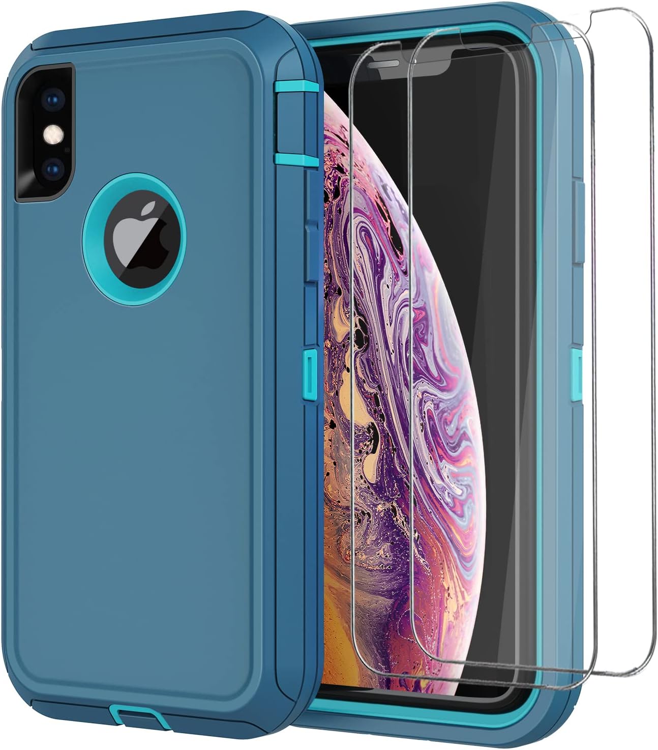 Wedall for iPhone Xs & iPhone X Case, with 2 x Screen Protector [Shockproof] [Drop Proof] [Dust Proof] Heavy Duty 3-Layer Rugged Protective Defender Cover for Apple iPhone Xs/iPhone X (Turquoise)