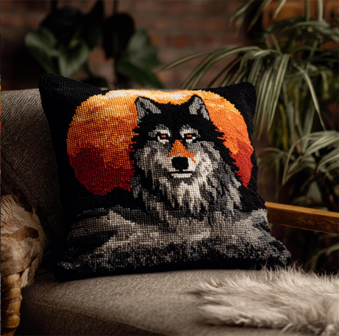 Animal Latch Hook Pillow Kit Wolves and The Moon DIY Latch Hook Rug Kit for Beginners Embroidery Cushion Canvasfor Adult Beginners 17x17In