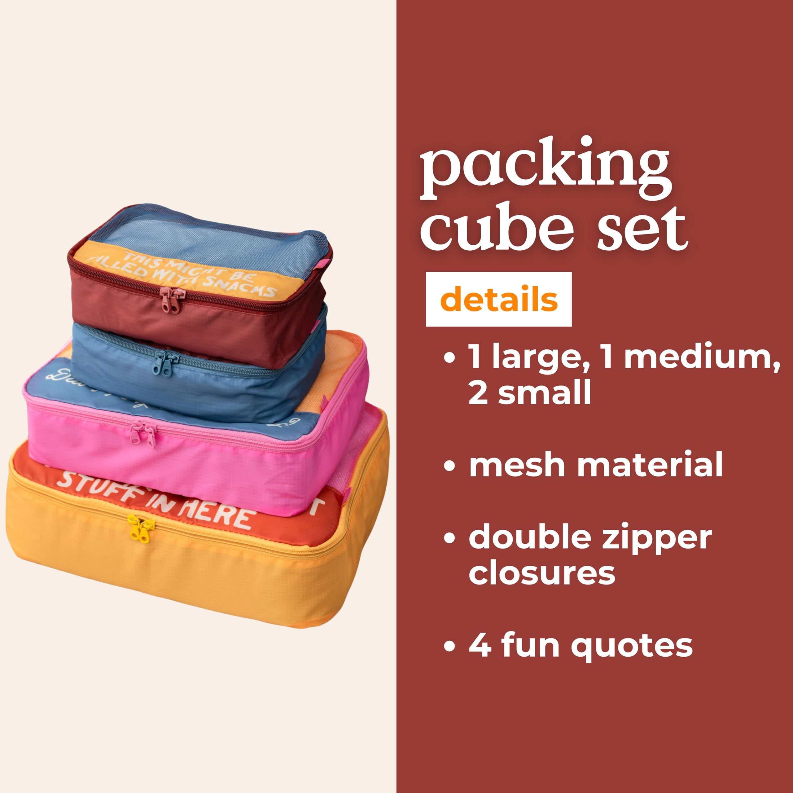 ban.do Packwürfel 4er Set, Wirklich wichtiges Zeug, 9.8 liters | Polyester und Netzstoff, inklusive 4 faltbaren Gepäcktaschen in verschiedenen Größen mit Zitat-Designs