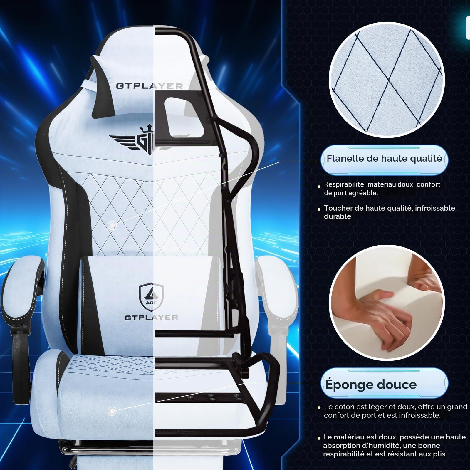 GTPLAYER Chaise de Jeu, Ergonomique, en Velours High-Tech, avec Soutien Lombaire - Chaise PC avec Dossier élargi - Charge maximale : 150 kg - Bleu Claire