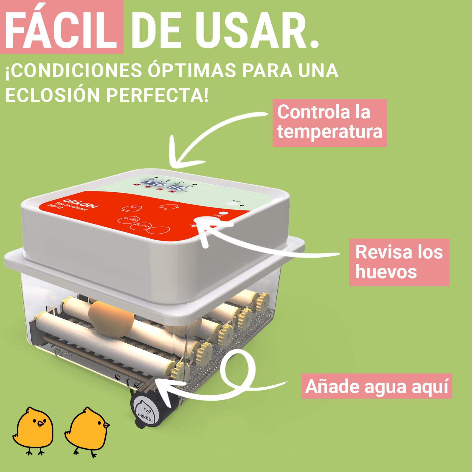 OBI-12 Incubadora Automática – Incubadora de huevos para 12 huevos con Volteo Automático - Incubadora huevos gallina, codorniz y pato - Naranja