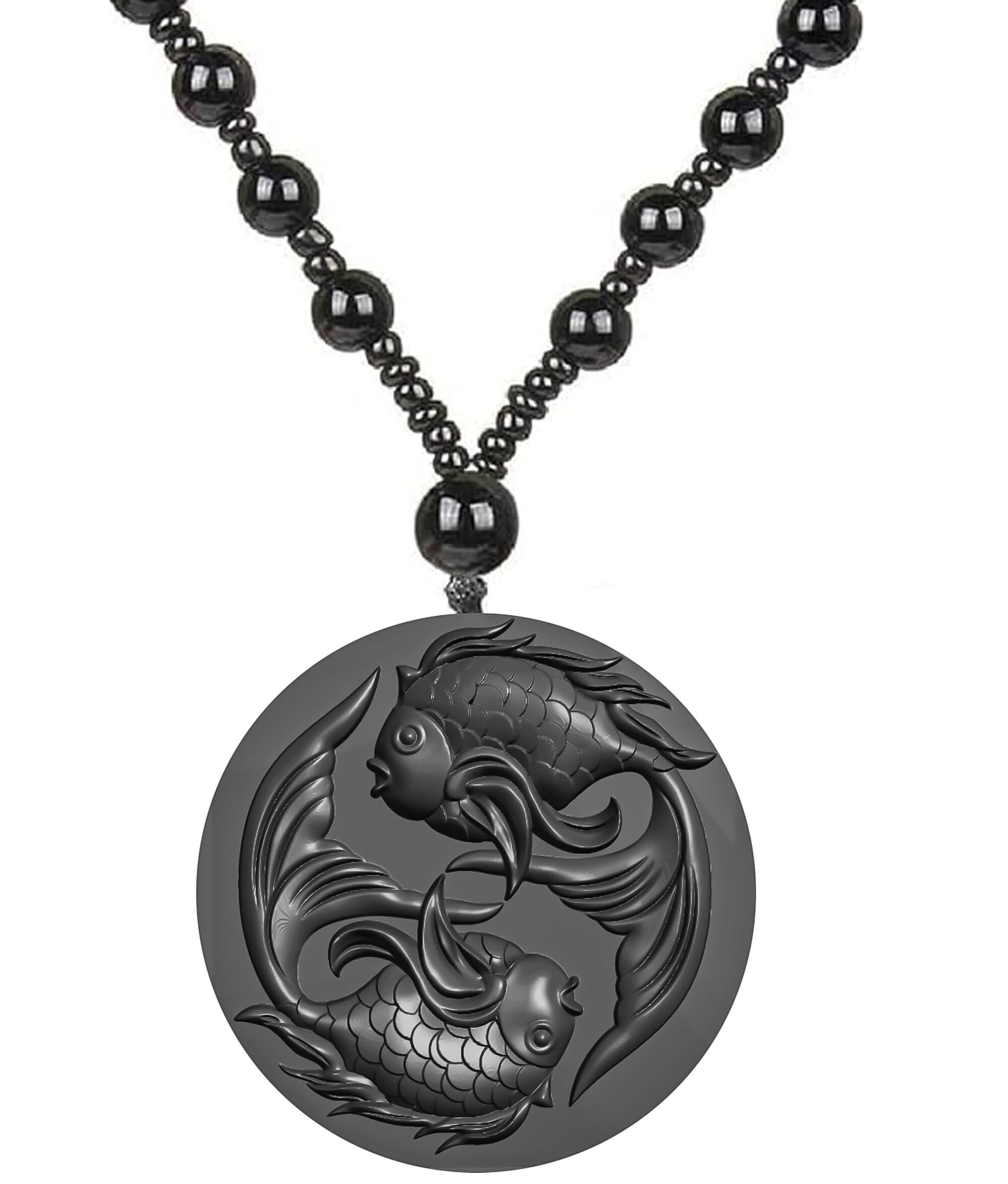 Goldfish round shape coin shape Charm Pendant Necklace locket with Sophisticated Beaded Mala Chain, Handmade Artistic Design Jewelry Gift for Women Men