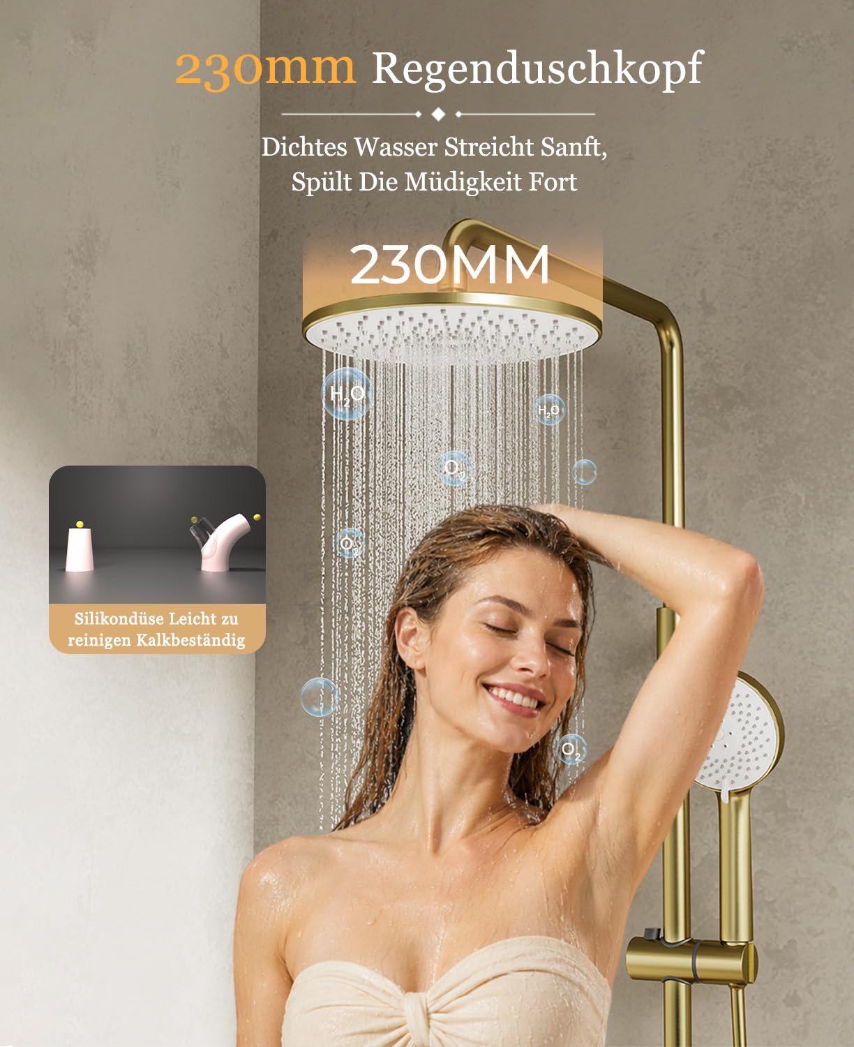 Duschsystem,Duscharmatur Komplettset gold 3 in 1, mit 23 cm Regenduschkopf | Duscharmatur Set gold mit Handbrause 3 Modus, wasserfall Badewannenarmatur, Duschsäule Messing, Höhenverstellbar, Duschset