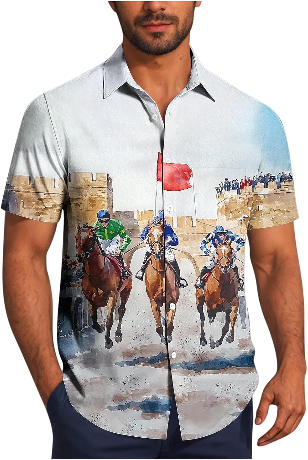 Horse Racing Shirt for Men Hawaiian 3D Graphic Funny Button Down Short Sleeve Tropical Beach Vacation Shirts