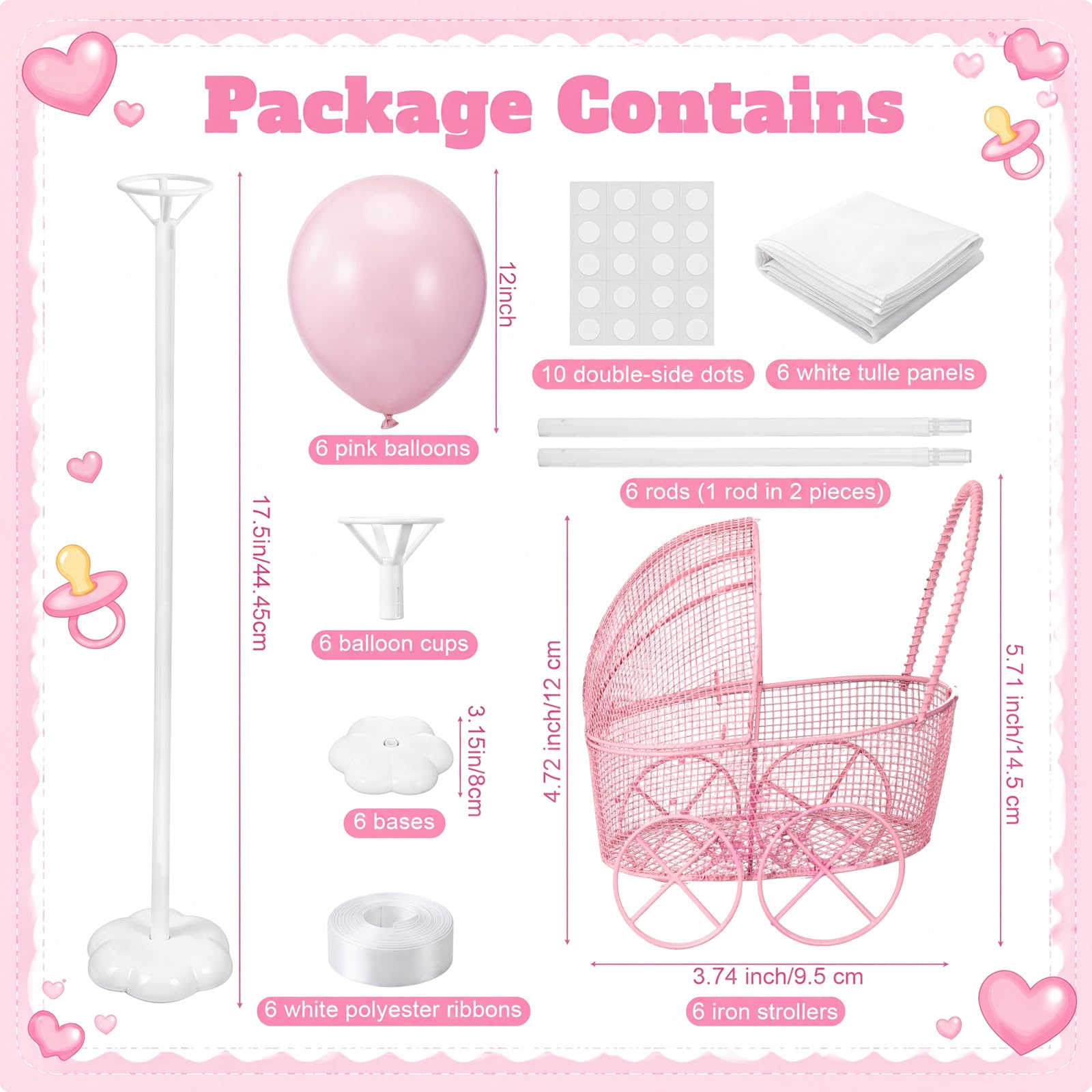 Set di 6 centrotavola rosa per baby shower, decorazioni da tavolo a palloncino a tutù, carrozze, supporti per palloncini per compleanno, sesso, rivelazione, battesimo, festa di nozze