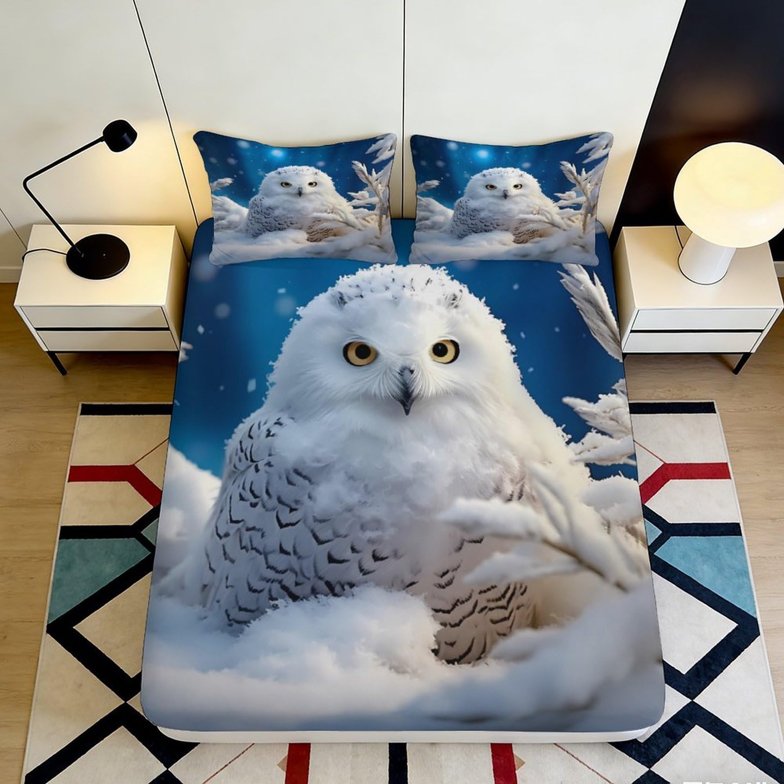 3D Printed Snowy Owl Fitted Sheet Microfiber Winter Forest Bed Cover for Bedroom Guest Room Mattress Decor 180x200x25cm