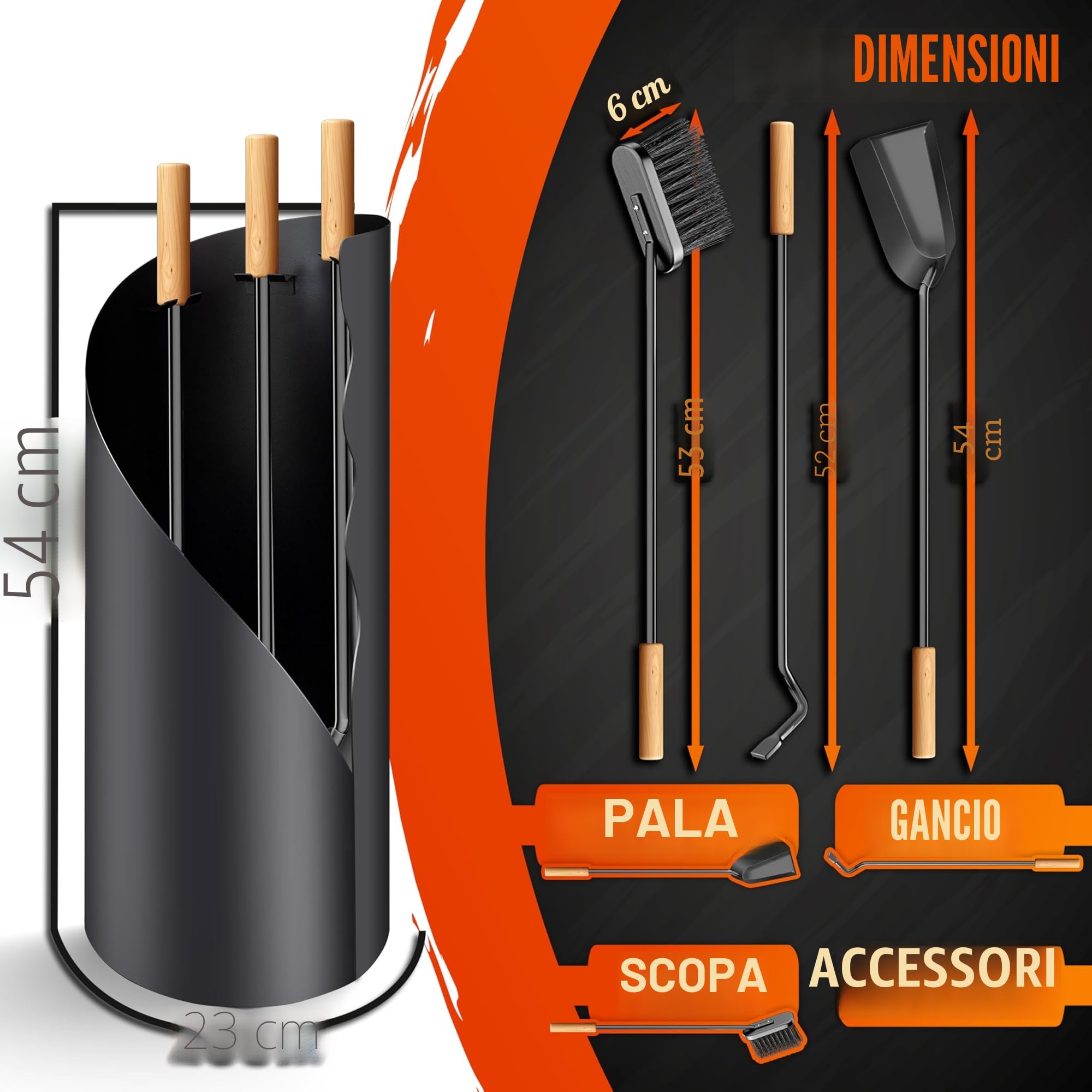 KESSER® Accessori per camino Kit camino da 4 pezzi - design moderno, rivestito, Set per caminetto di alta qualità composto da 4 pezzi: scopino, paletta, attizzatoio, supporto acciaio, manici,Antracita
