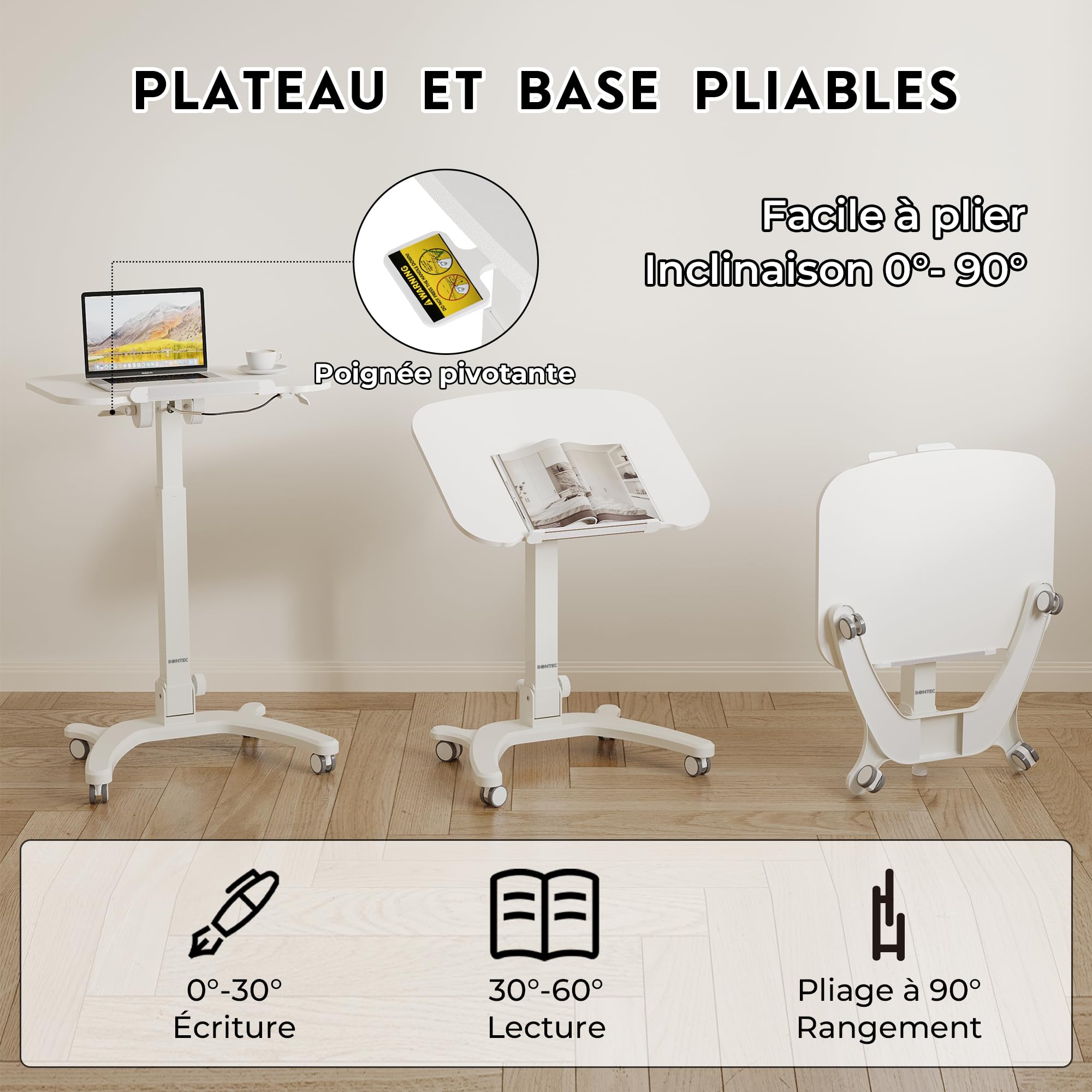 BONTEC Bureau d'Ordinateur Pliable, 65×50 cm, Réglable en Hauteur de 75,5 à 111 cm, avec 4 roulettes Verrouillables, Table d'O appoint Pliante pour Lit, Canapé, Salon, Chambre, Table PC Portable