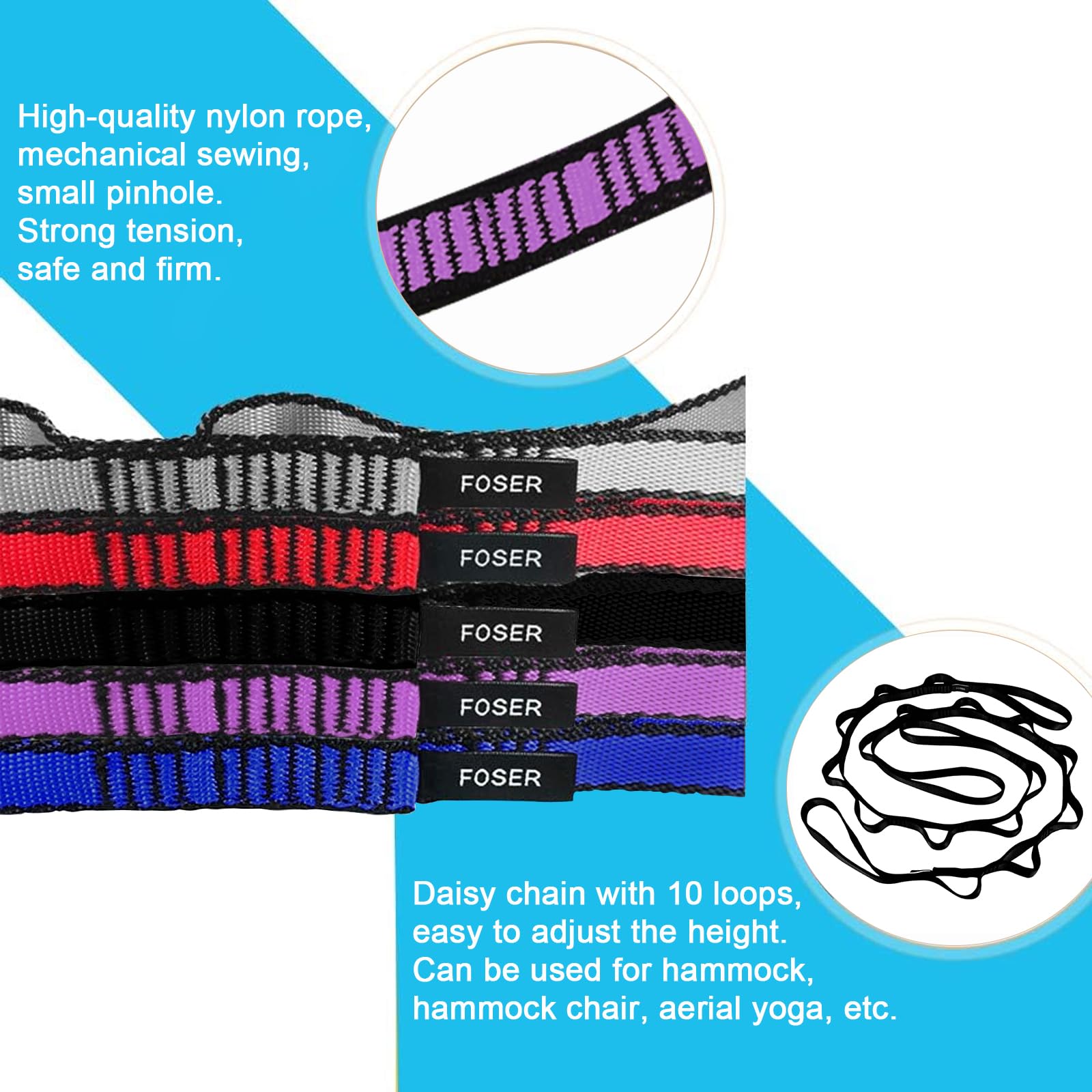 FOSER 2pcs Daisy Chains, Yoga Amaca Extension Strap, 23KN Regolabile Nylon Arrampicata Sling Fitness Pilates ed Esercizio Estendere Cinghia