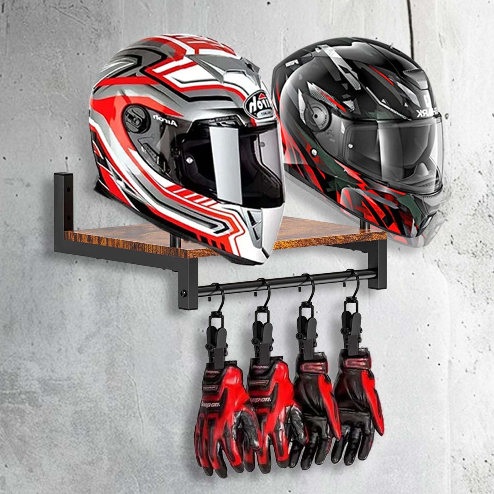 Porta Casco Moto da Parete, Appendi Casco Moto da Parete Supporto per Casco da Baseball per 2 Caschi Porta Cappello Espositore Porta Casco con 4 Clip per Appendere Guanti per Abbigliamento Moto