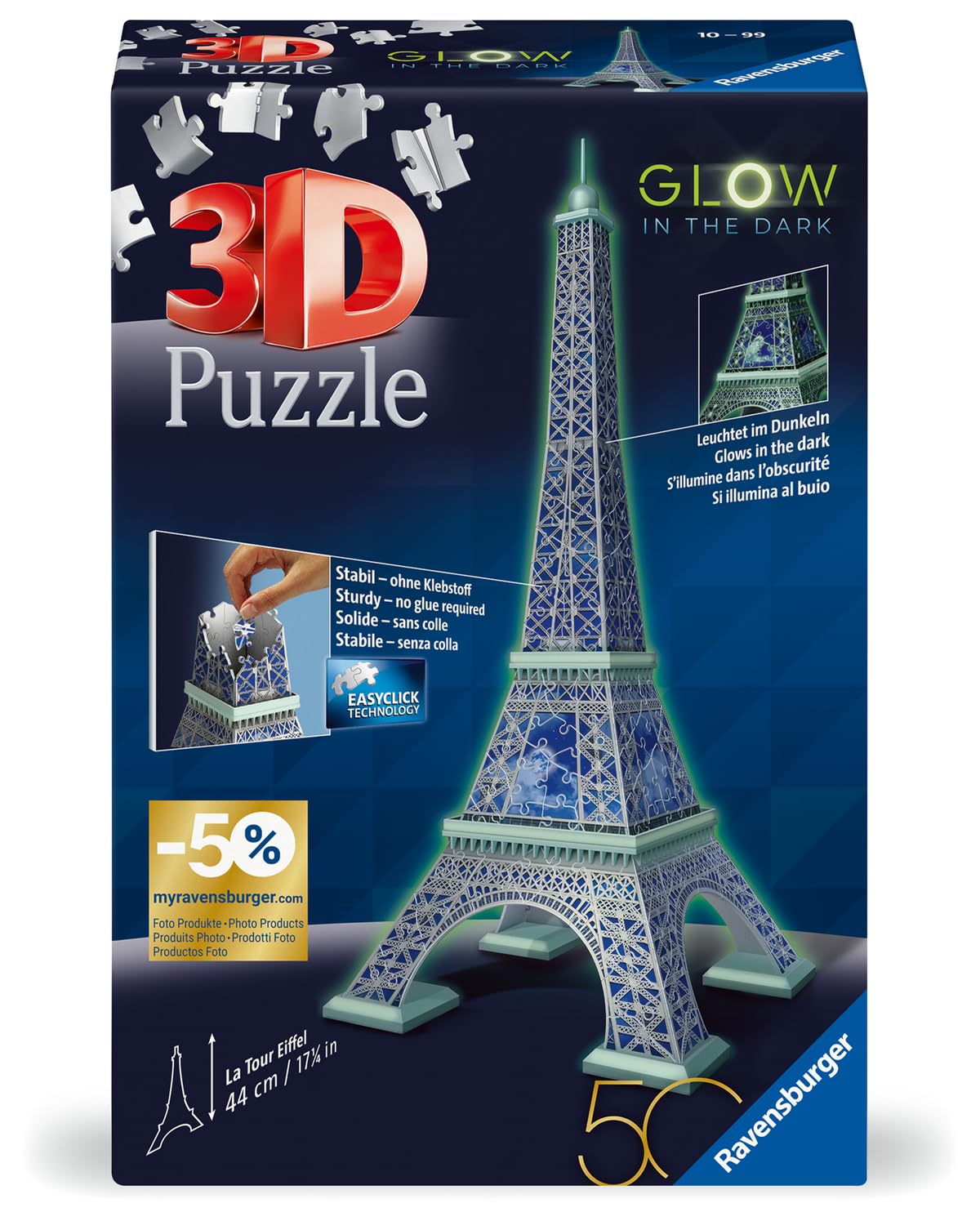 Ravensburger - Puzzle 3D Torre Eiffel Paris, Brilla en la Oscuridad para Adultos y Niños +10 Años, Maquetas para Montar, Rompecabezas 3D, 224 Piezas, Construcciones para Niños, Edición 50 Aniversario