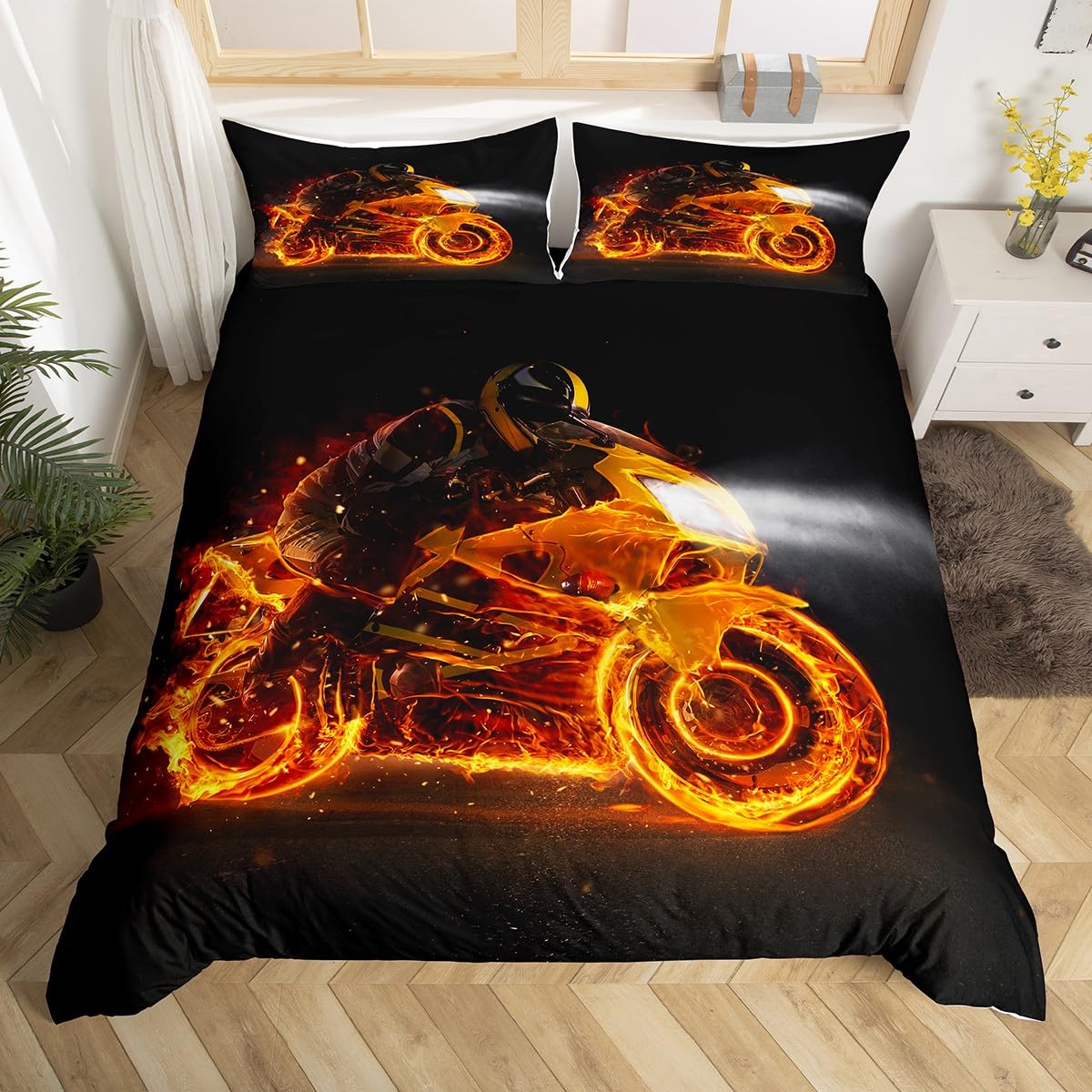 Loussiesd Motocross Racer Bedding Set Cool Rider Extreme Sport Duvet Cover Set for Boys Men Fire Racing Motorcycle Comforter Cover 3D Dirt Bike Quilt Decor Bedroom Collection 2Pcs Junior/Cot Bed Size โ image 1