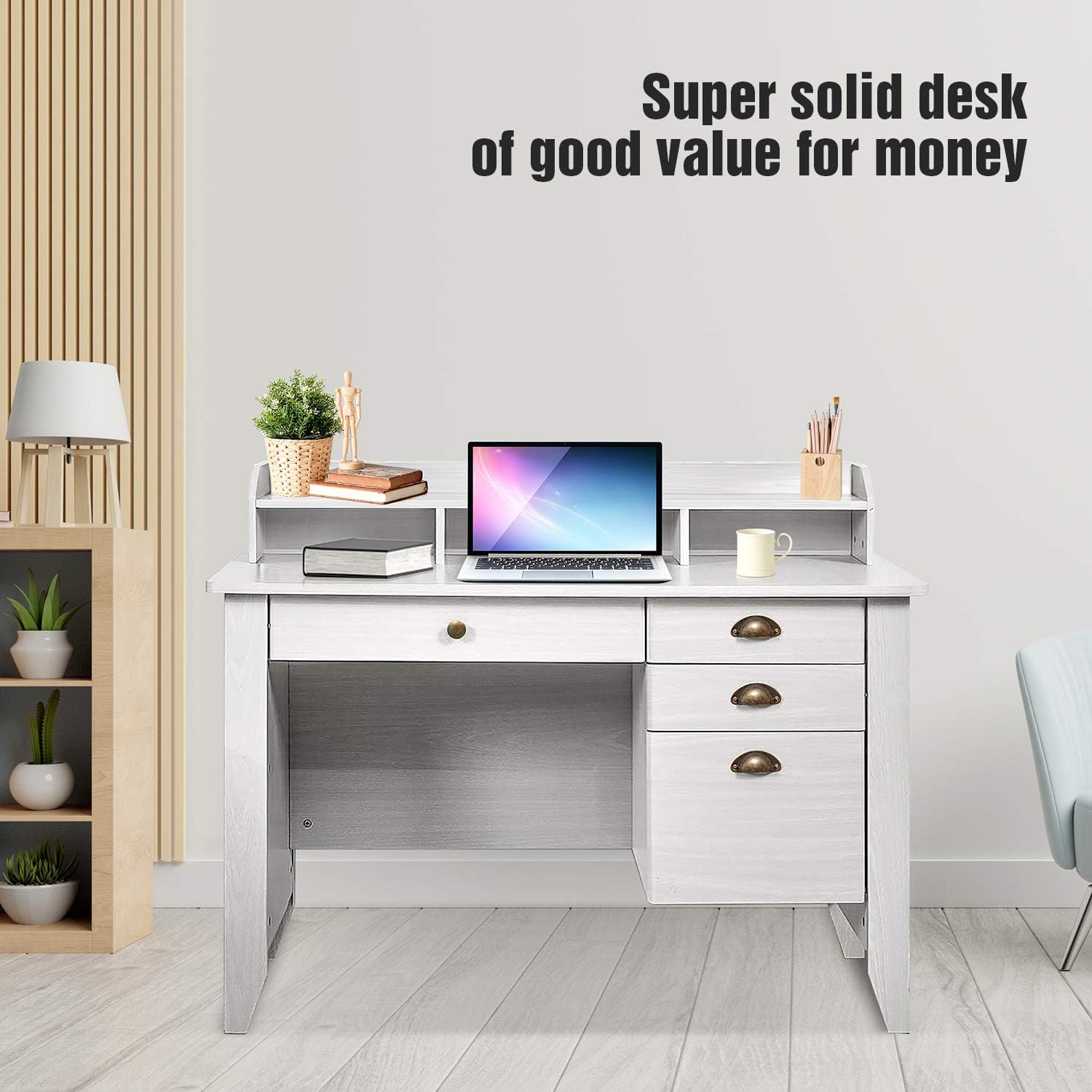 YAKEY Computer Desk with Drawers and Hutch, Home Office Desk,Wood Frame Vintage Style Student Table with 4 Drawers & Bookshelf, PC Laptop Notebook Desk, Spacious Writing Study Table(White)