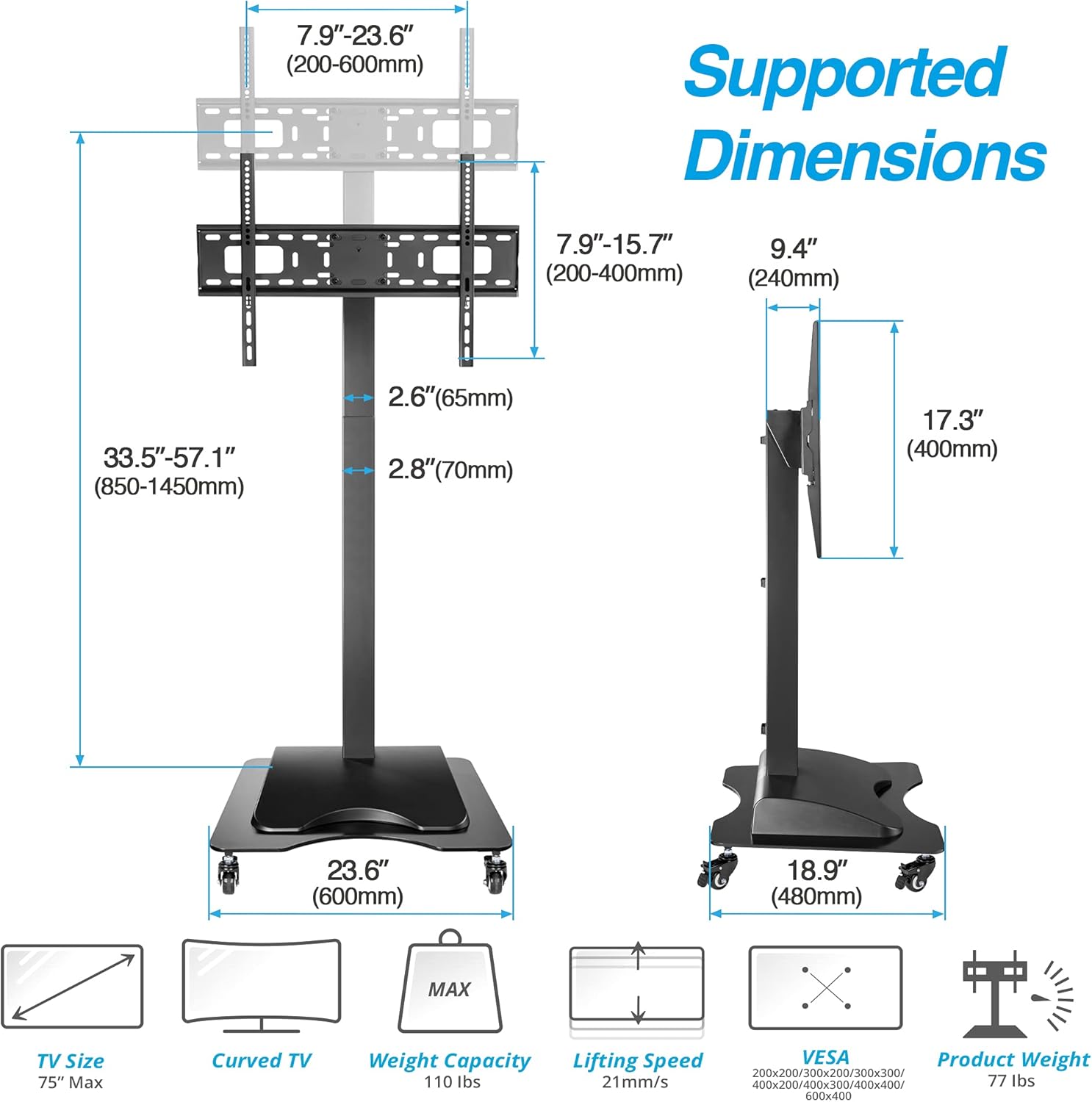AVLT Motorized & Mobile 2-in-1 TV Lift Cart for 37-75 inch Flat/Curved Screens Automated Lift with Remote Height Adjustable up to 57" Floor Rolling Stand with Locking Wheels for Home Office