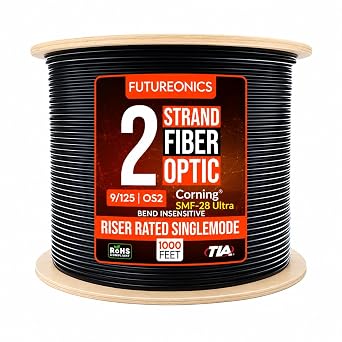2 Strand Indoor/Outdoor Fiber Optic Cable, OS2 9/125 Singlemode, Corning SMF-28 Ultra, Bend Insensitive, Black, Riser Rated, Spool, 1000 Foot