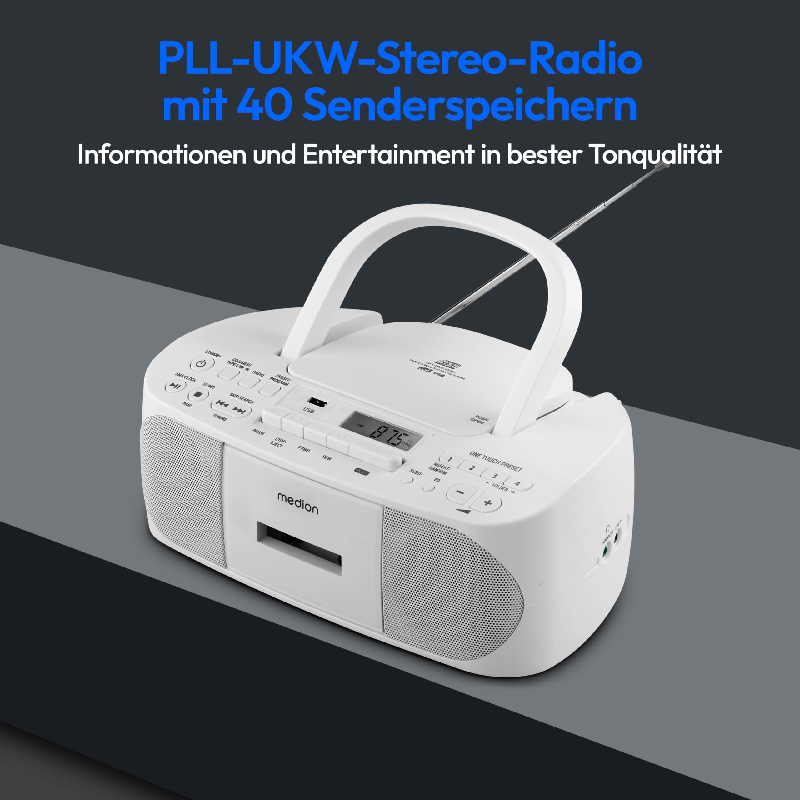 MEDION E65010 Stereoradio (CD-Player, Kassette, USB Anschluss, AUX Audioeingang, MP3-Widergabe. UKW PLL Radio,40 Senderspeicher, Batteriebetrieb, Fernbedienung) weiß