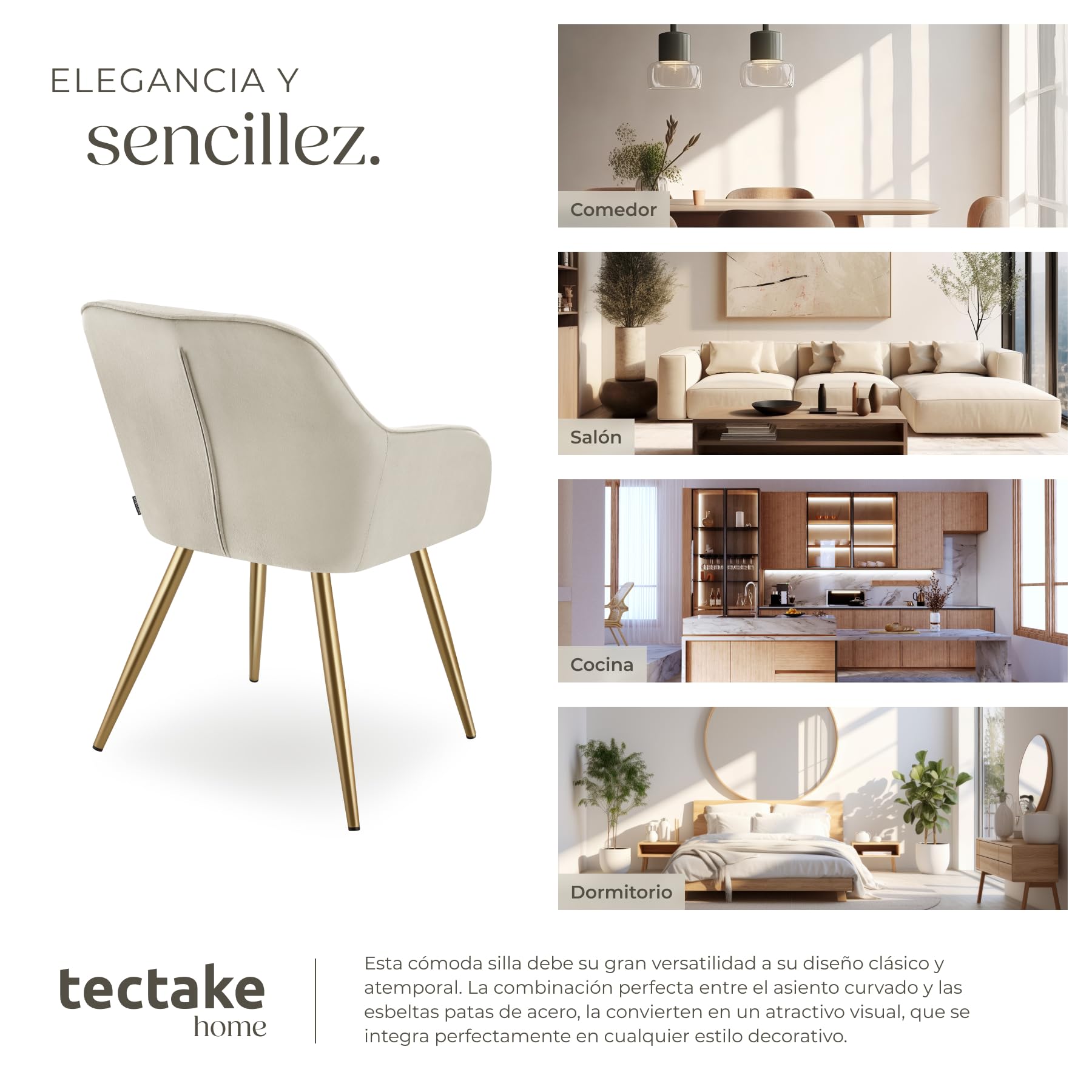 tectake® Silla de Comedor con Tapizado Aterciopelado Acolchado, Silla de Cocina Elegante y Moderna, Patas de Acero, Fácil Limpieza, Ideal Silla Salón, Tocador, Dormitorio - 1 Silla Crema/Oro