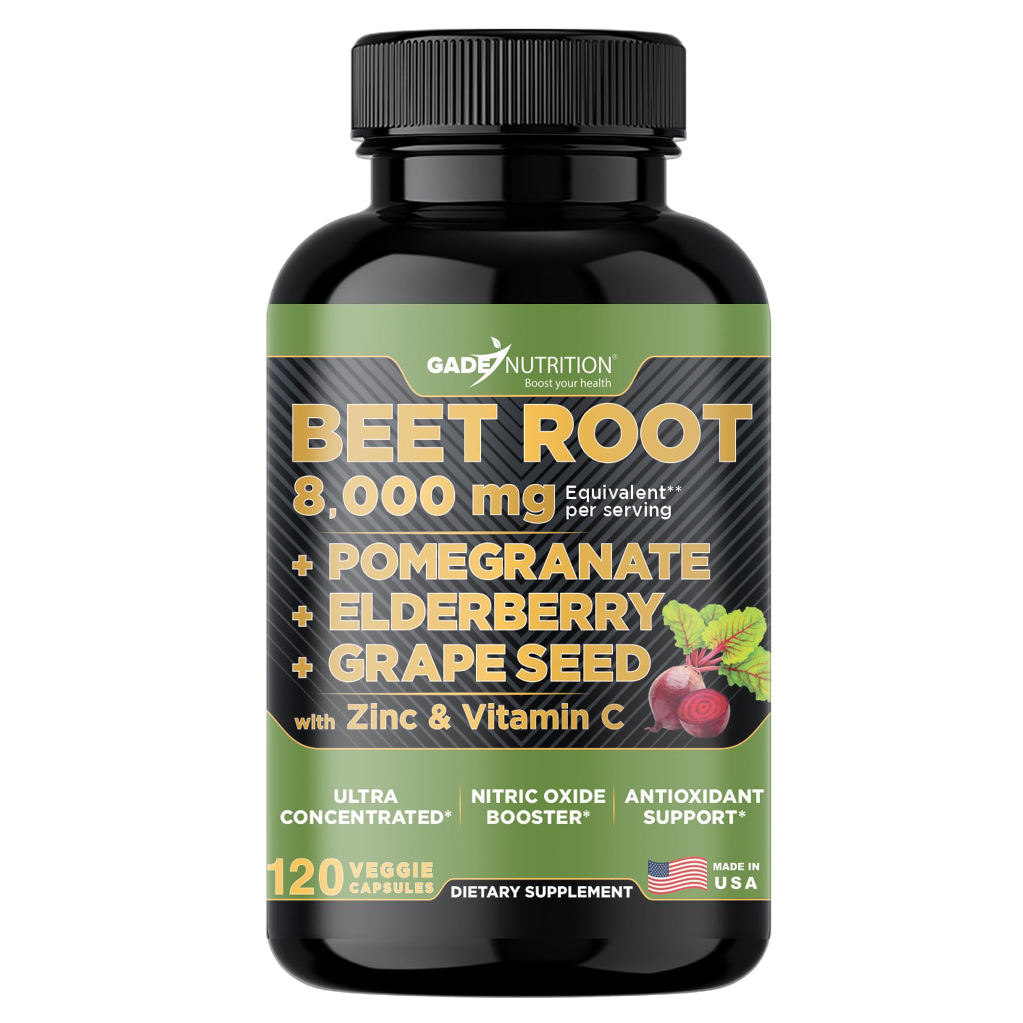 Gade Nutrition Beet Root Capsules Concentrated | Extra Strength Beetroot Extract Formula | Elderberry with Vitamin C and Zinc, Pomegranate, Grape Seed |Made in USA