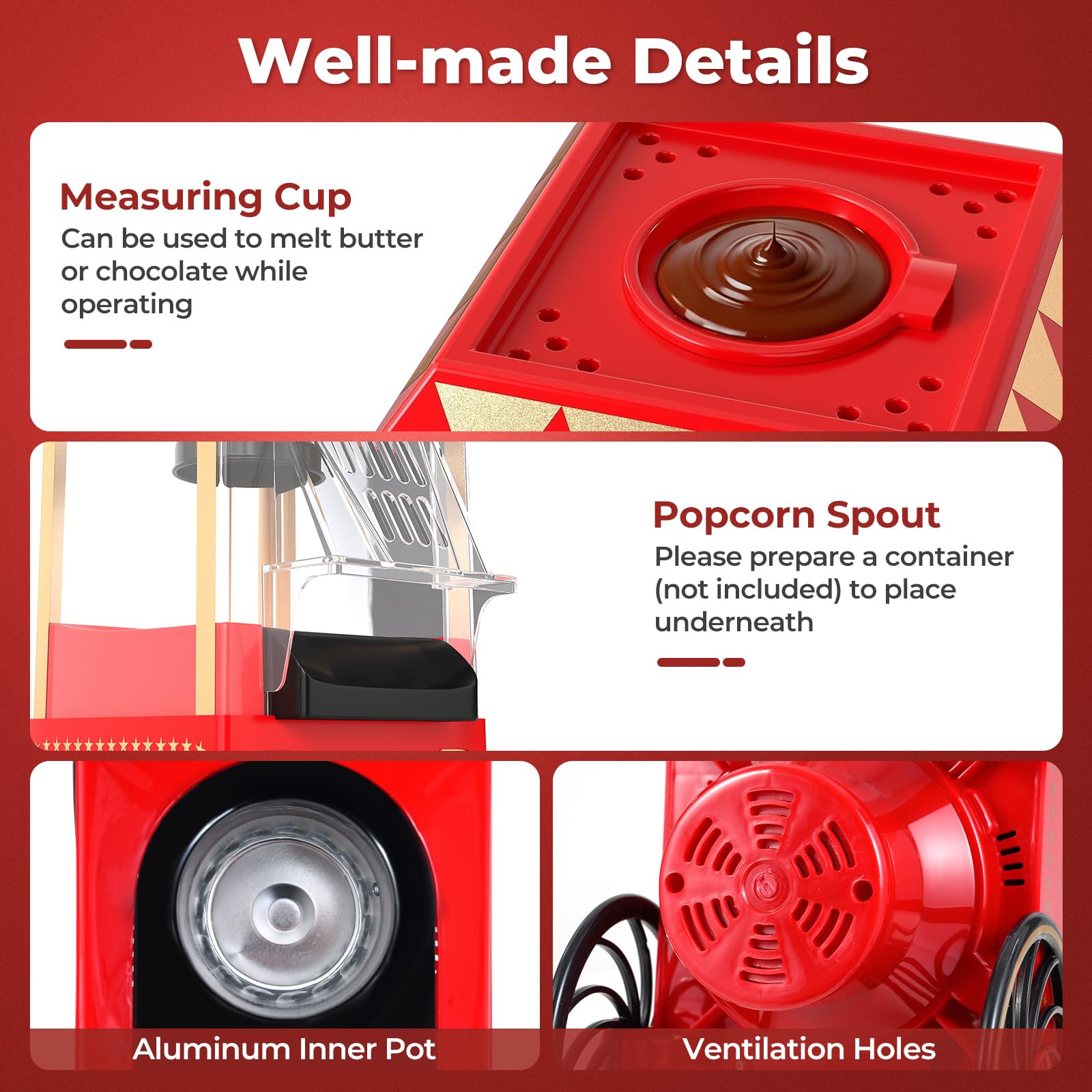 FANTASK Máquina de palomitas de maíz retro, 1200 W, para casa sin aceite, 67 ml, preparación rápida en 2 minutos, para cine en casa, fiestas y hogar, color rojo