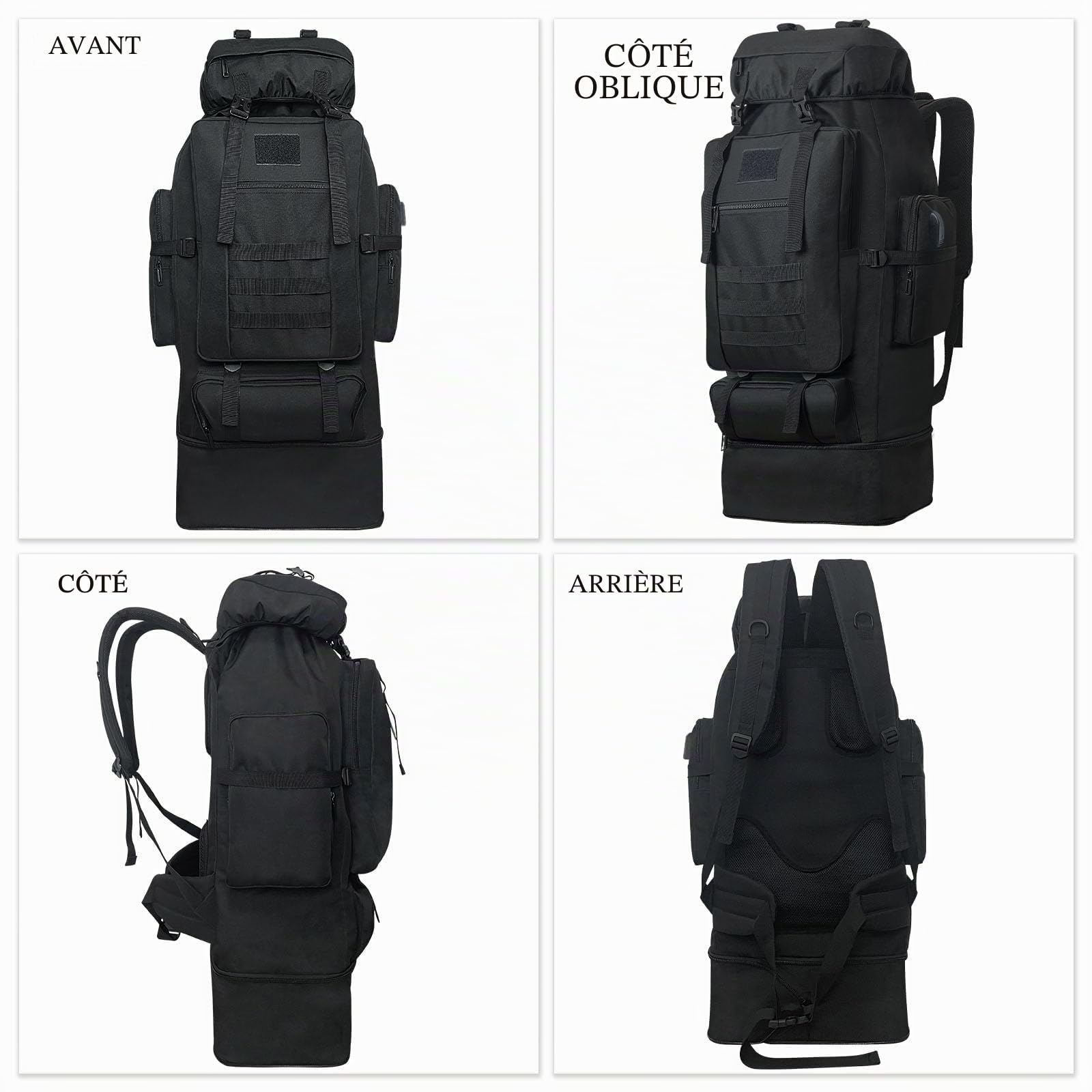 Sac à dos de randonnée tactique militaire de 100 L pour homme avec port de charge USB, sac à dos de voyage léger résistant à l'eau, sac à dos de camping, sac de survie sac à dos de randonnée