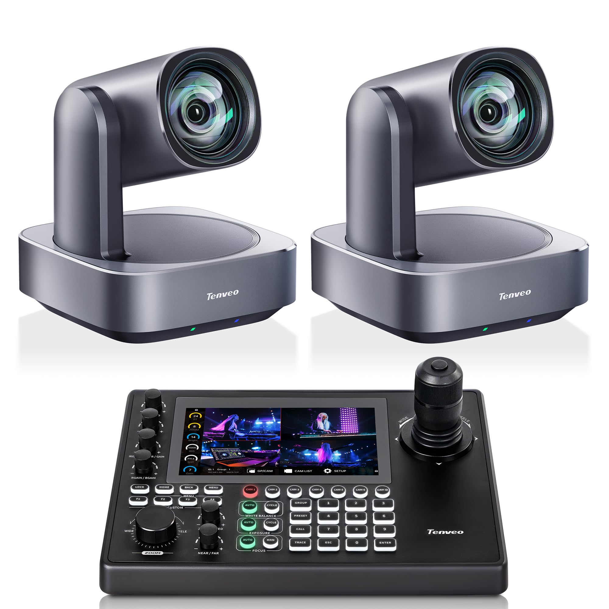 Tenveo Kit Caméras PTZ et Contrôleur 2 Caméras PTZ 4K avec Suivi Automatique IA 12X (HDMI/USB3.0/LAN PoE) et Contrôleur Joystick 4D avec Écran Tactile 7" Quad-View pour Live Streaming