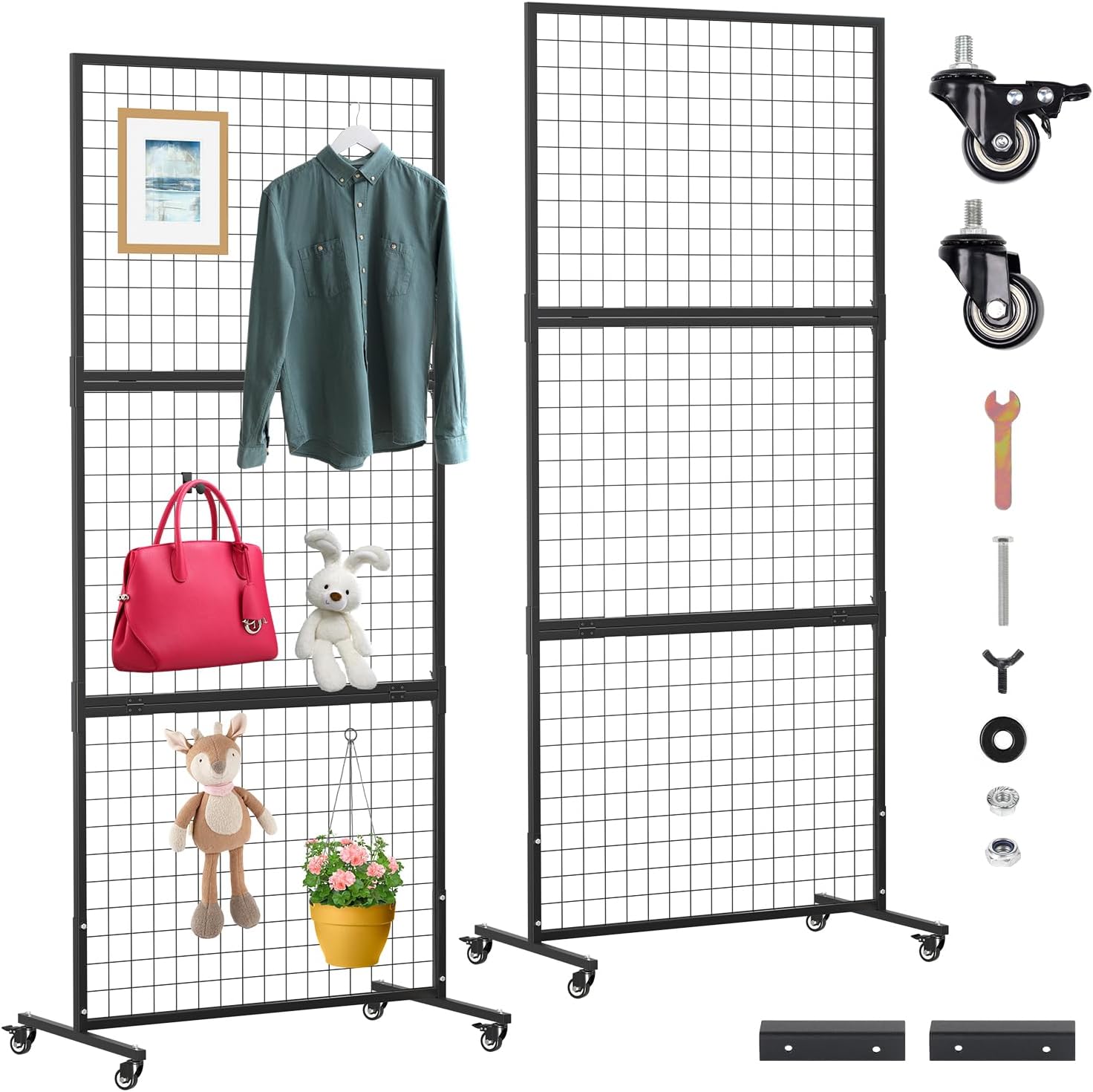 2 Pack Heavy Duty 3' x 6' Gridwall Panels Standing Wire Grid Display Rack with T-Base Wheels, Suitable for Craft Merchandise Display Item Storage (Black)