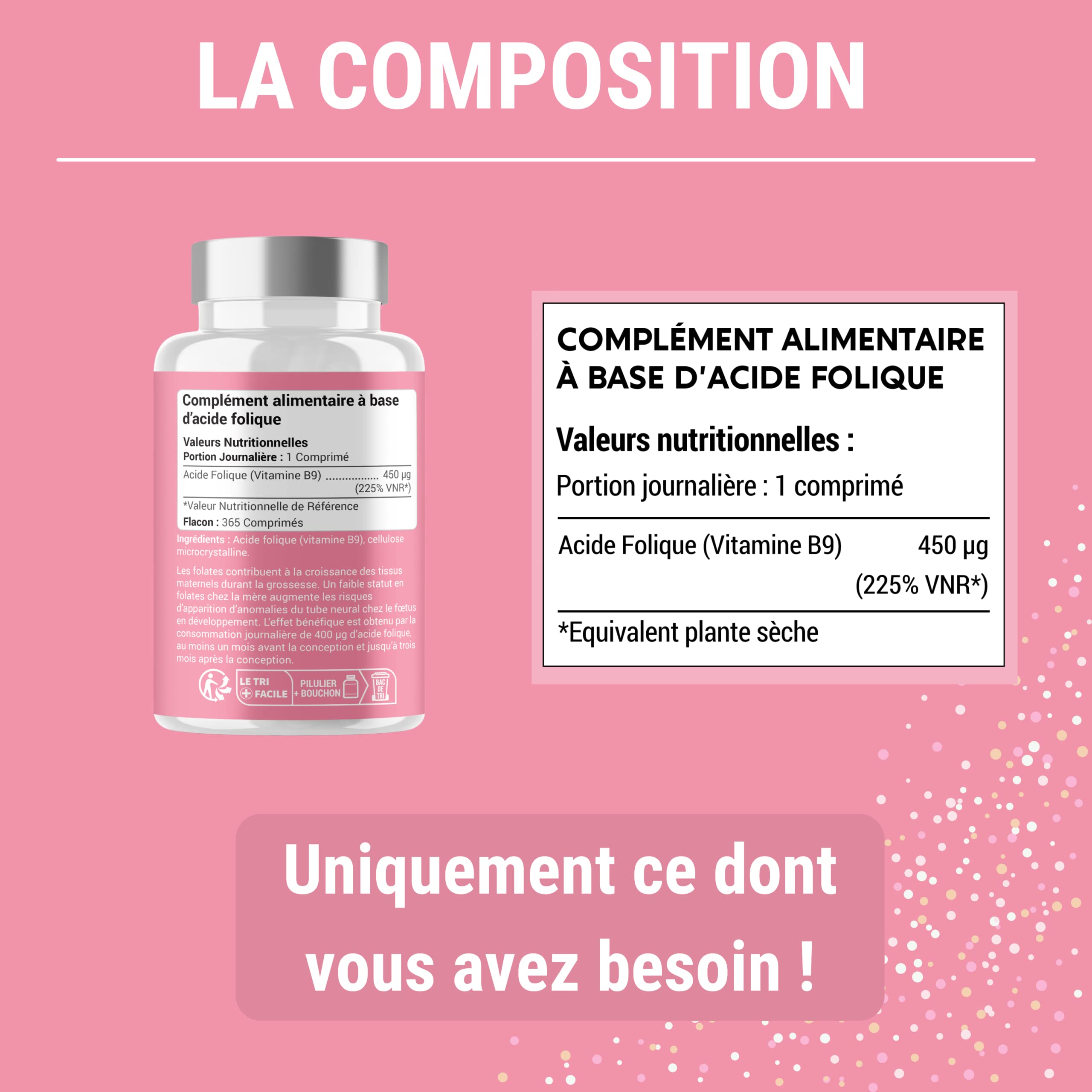 ACIDE FOLIQUE (Vitamine B9) | 365 comprimés | 450 µg | 1 an d'approvisionnement | Complément Alimentaire pour Femme enceinte ou désireuse de l'être | Réduit la fatigue | Fabriqué en France