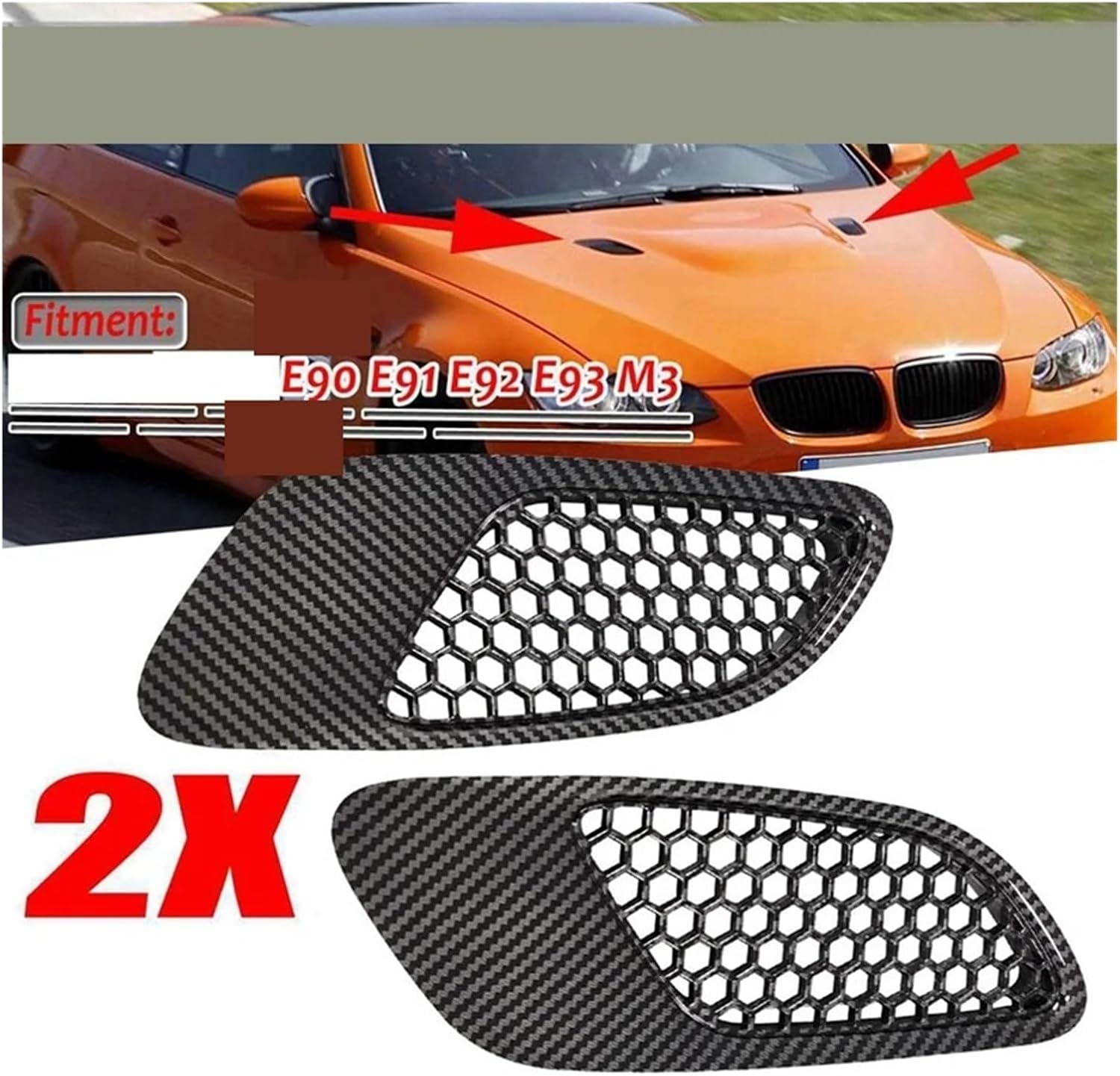 4PCS Engine Hood Vent Louvers Air Scoop Bonnet Vent Cover Fit For BMW E90 E91 E92 E93 M3, Carbon fiber pattern pattern Pattern Engine hood vents